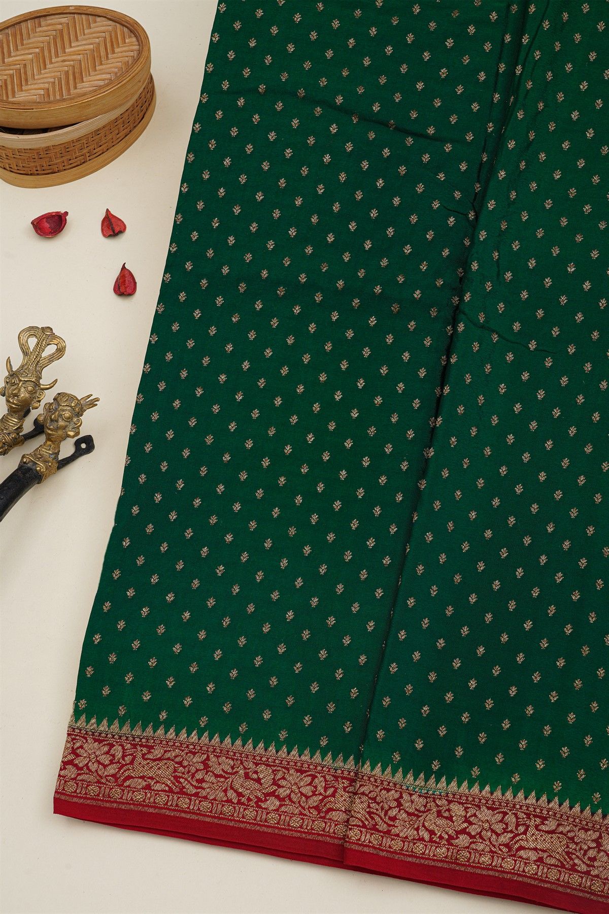 Banarasi Kaddi Georgette Bottle Green Saree With Floral Buttis Body