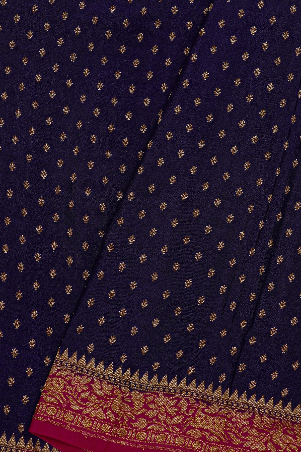 Fancy Georgette Dark Violet Saree With Floral Buttis Body And Contrast Florals And Leaves With Animals And Birds Border