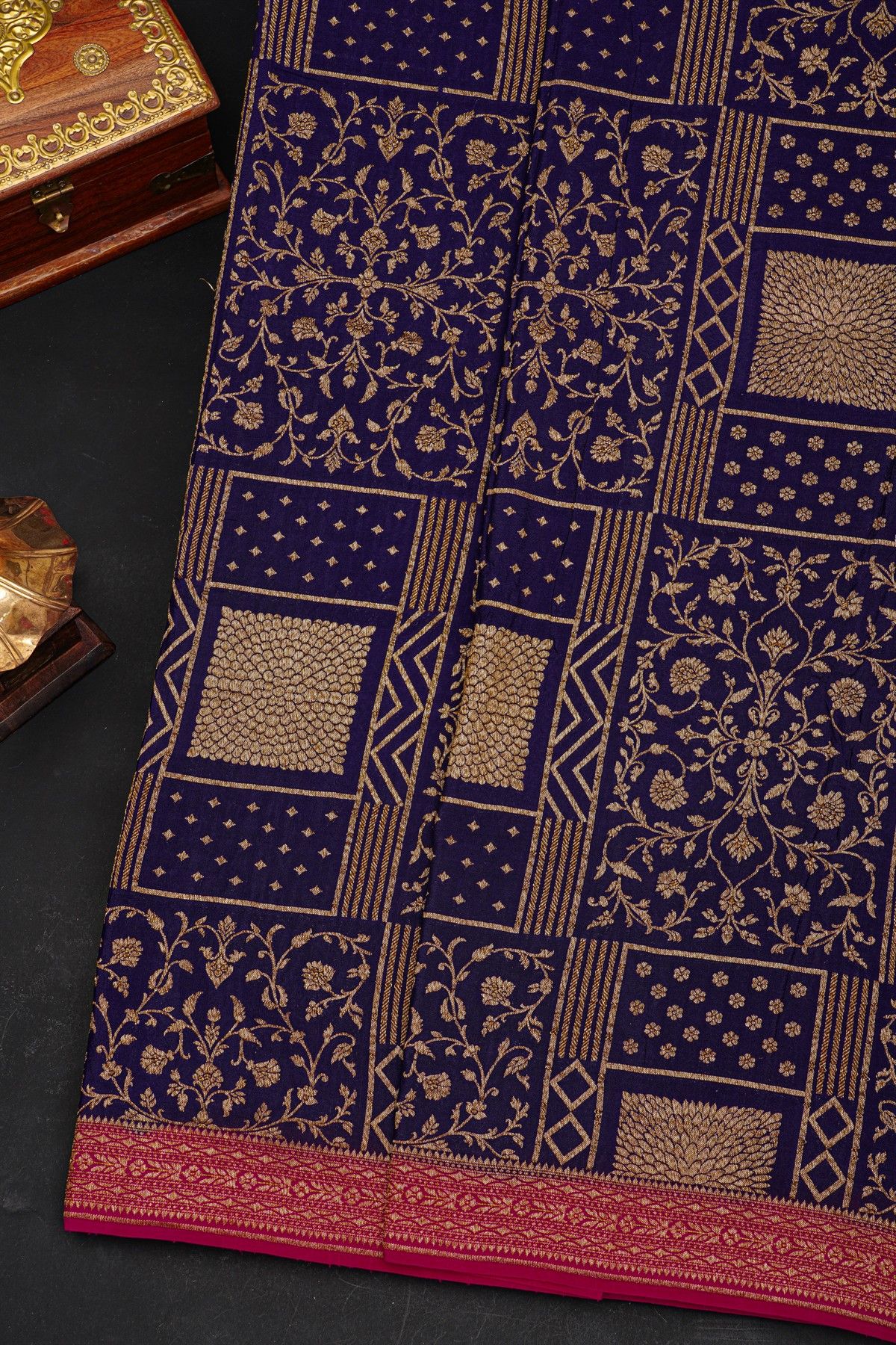 Fancy Georgette Royal Blue Saree With Florals And Leaves Body And Contrast Florals And Leaves Border