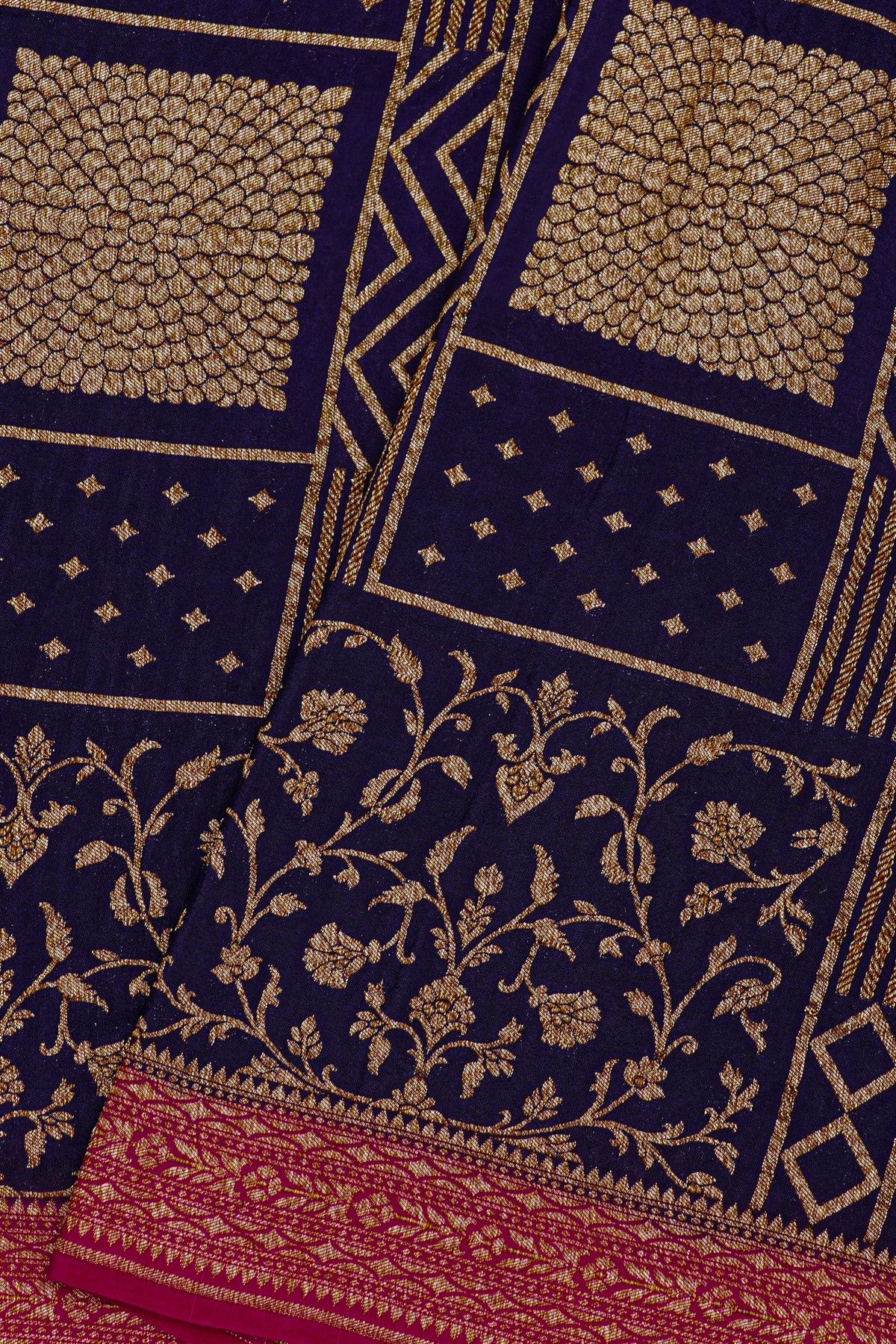 Fancy Georgette Royal Blue Saree With Florals And Leaves Body And Contrast Florals And Leaves Border