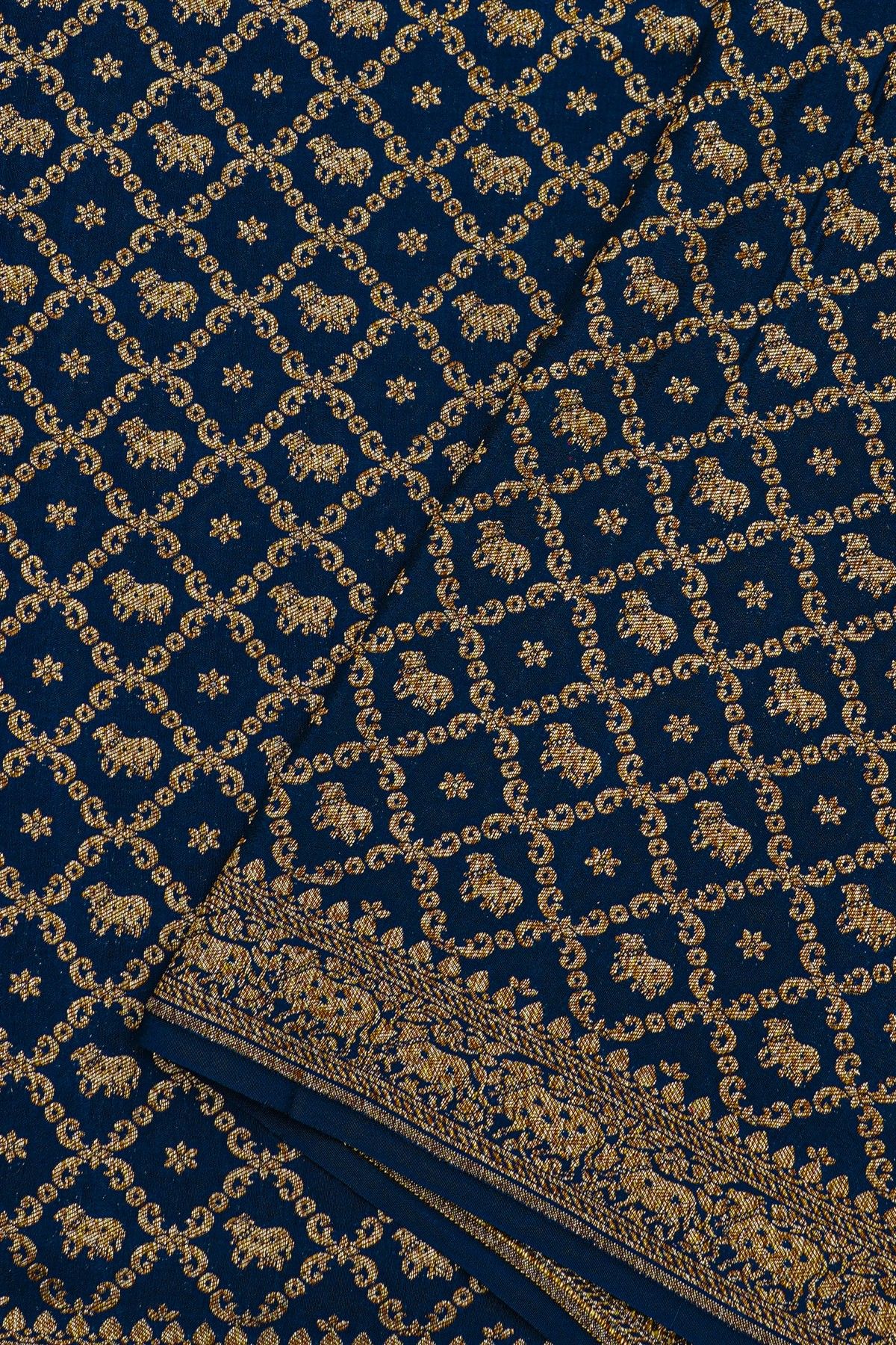Fancy Georgette Indigo Saree With Diamond Grid Zari Jaal With Elephant Buttis Body And Contrast Florals And Leaves With Animals Border