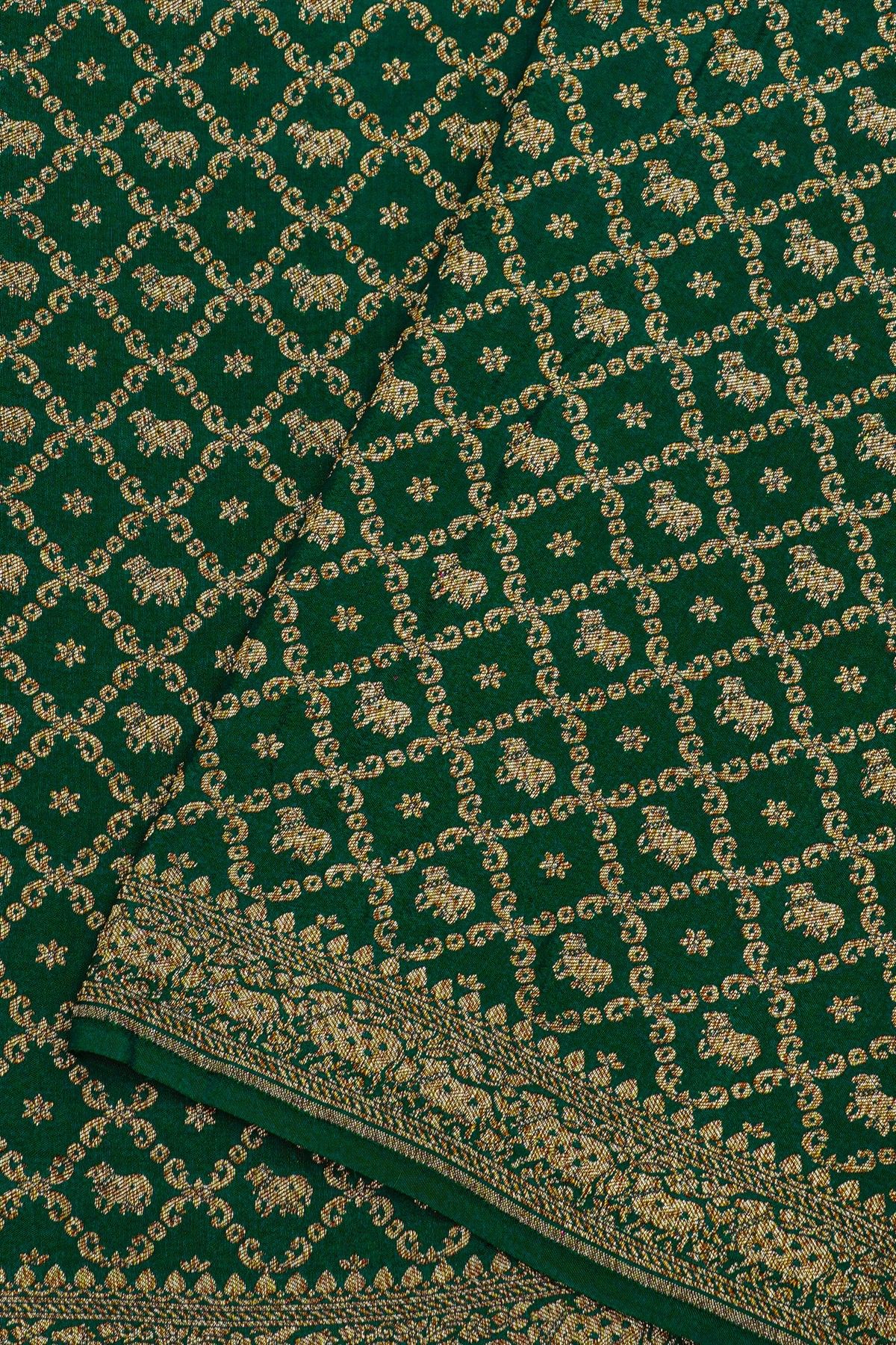 Fancy Georgette Bottle Green Saree With Diamond Grid Zari Jaal And Elephant Buttis Body And Self Florals And Animals Border