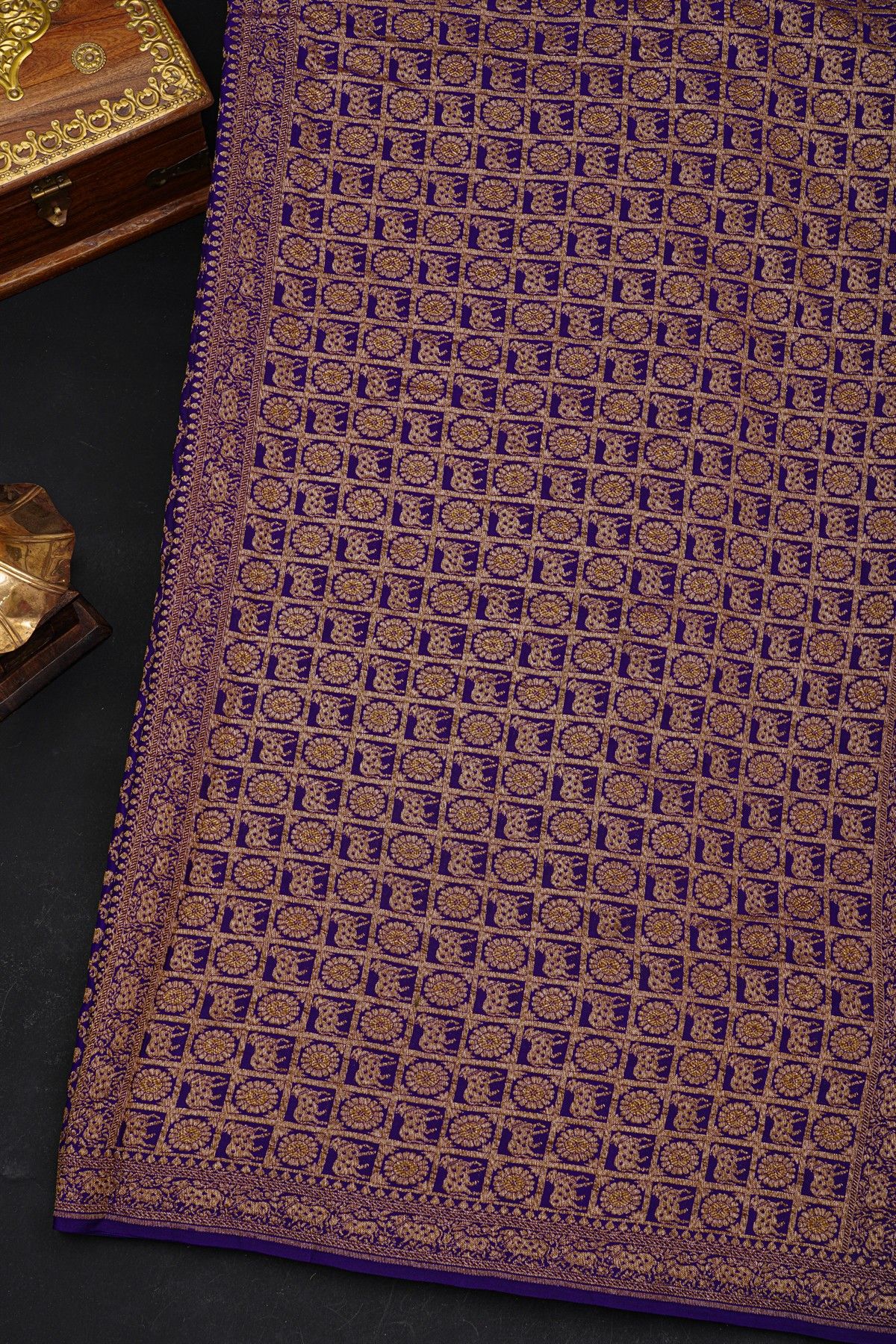 Fancy Georgette Royal Blue Saree With Diamond Grid Zari Jaal And Elephant Buttis Body And Self Florals And Animals Border