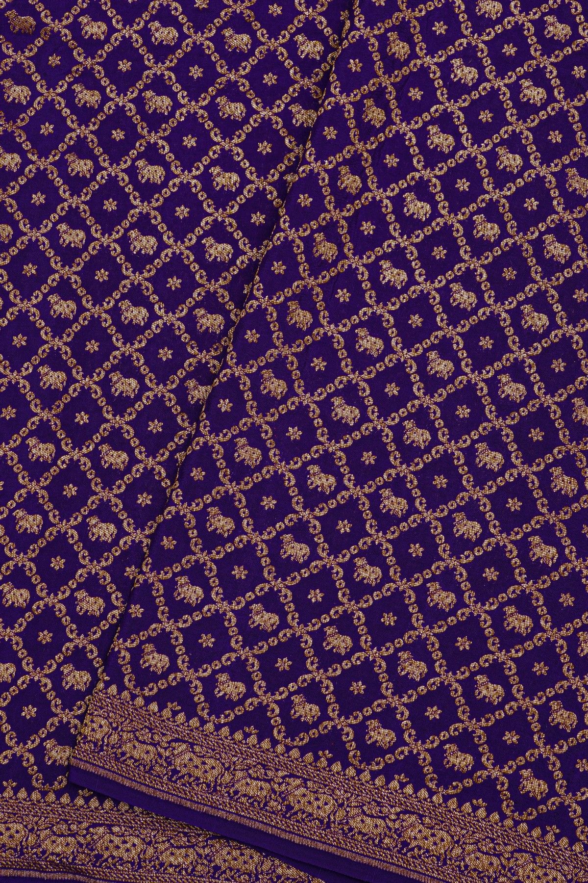 Fancy Georgette Royal Blue Saree With Diamond Grid Zari Jaal And Elephant Buttis Body And Self Florals And Animals Border