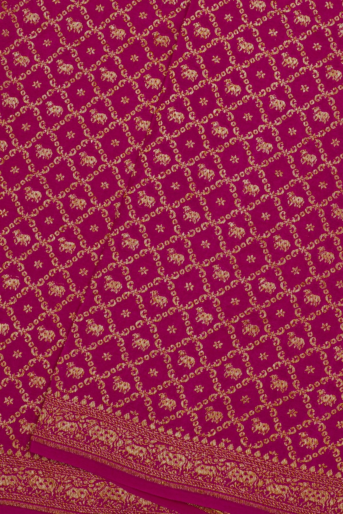 Fancy Georgette Rani Pink Saree With Diamond Grid Zari Jaal And Elephant Buttis Body And Self Florals And Animals Border