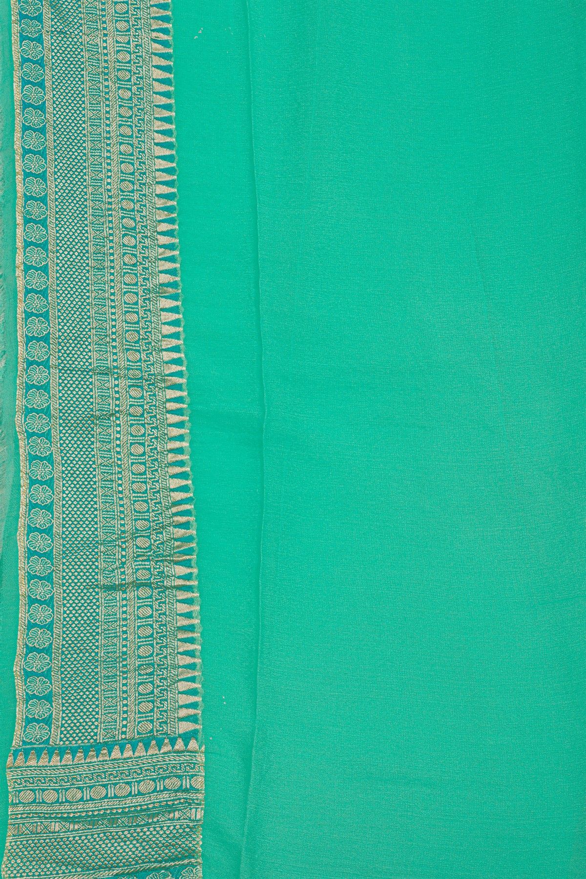 Fancy Georgette Sea Green Saree With Diamond Grid Zari Jaal, Elephant Buttis, Florals And Leaves Body And Self Florals And Animals Border