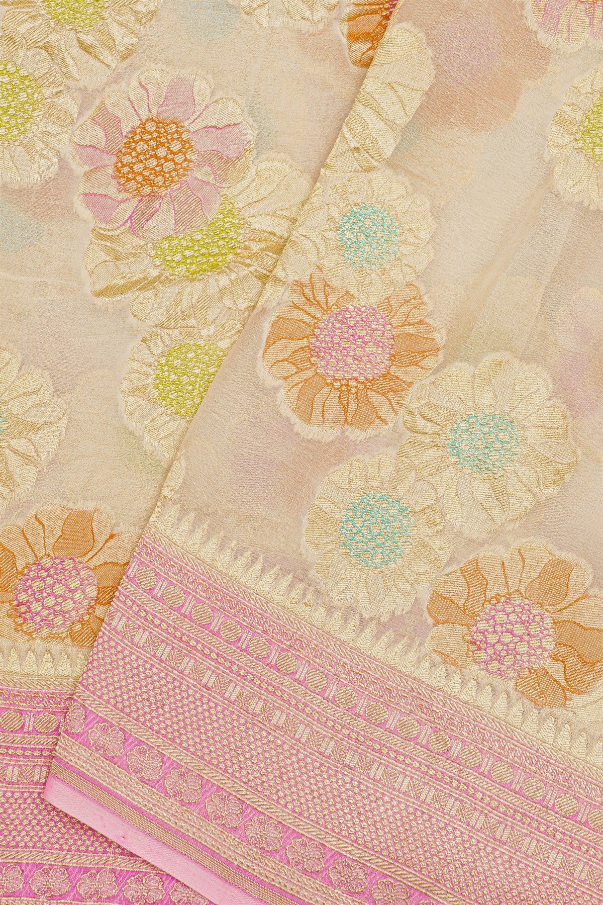 Fancy Georgette Off White Saree With Meenakari Floral Jaal Body And Contrast Diamonds And Florals Border