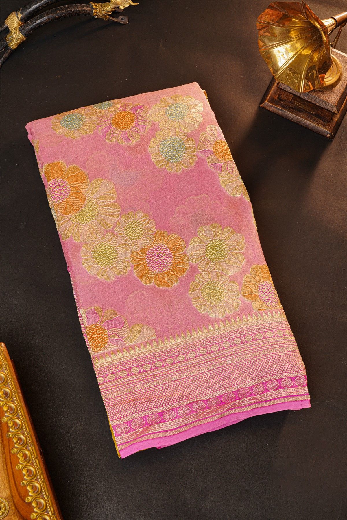 Fancy Georgette Light Pink Saree With Meenakari Floral Jaal Body And Self Diamonds In Zari, Florals And Leaves Border