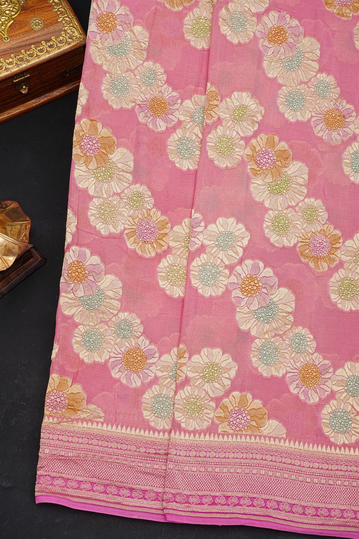 Fancy Georgette Light Pink Saree With Meenakari Floral Jaal Body And Self Diamonds In Zari, Florals And Leaves Border