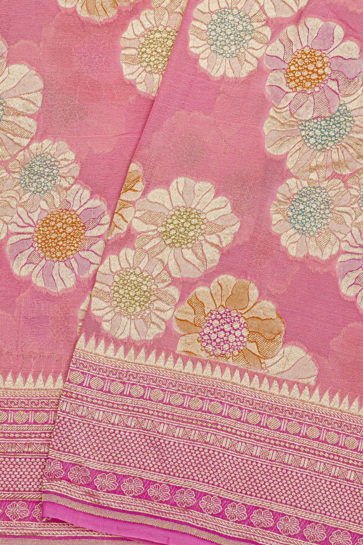 Fancy Georgette Light Pink Saree With Meenakari Floral Jaal Body And Self Diamonds In Zari, Florals And Leaves Border