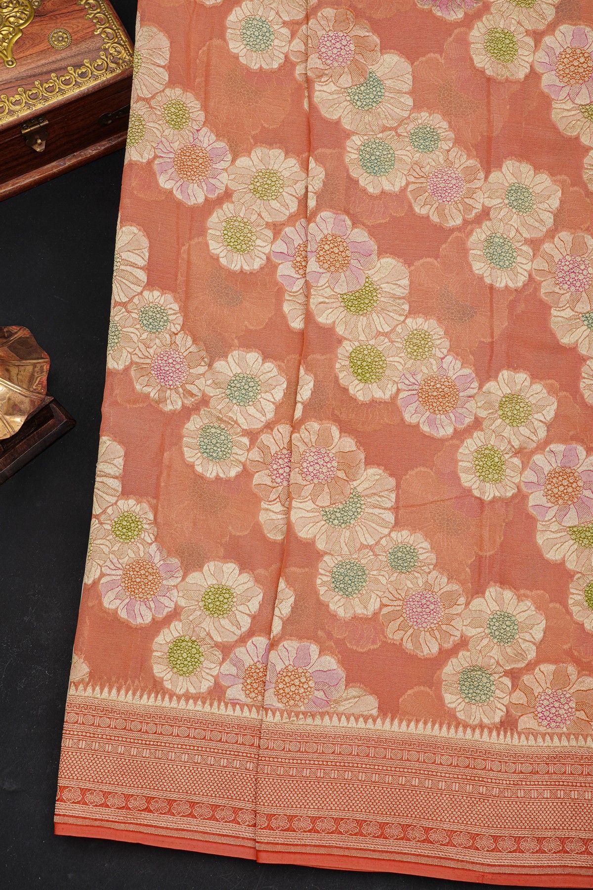 Fancy Georgette Peach Saree With Meenakari Floral Jaal Body And Self Diamonds In Zari And Florals Border