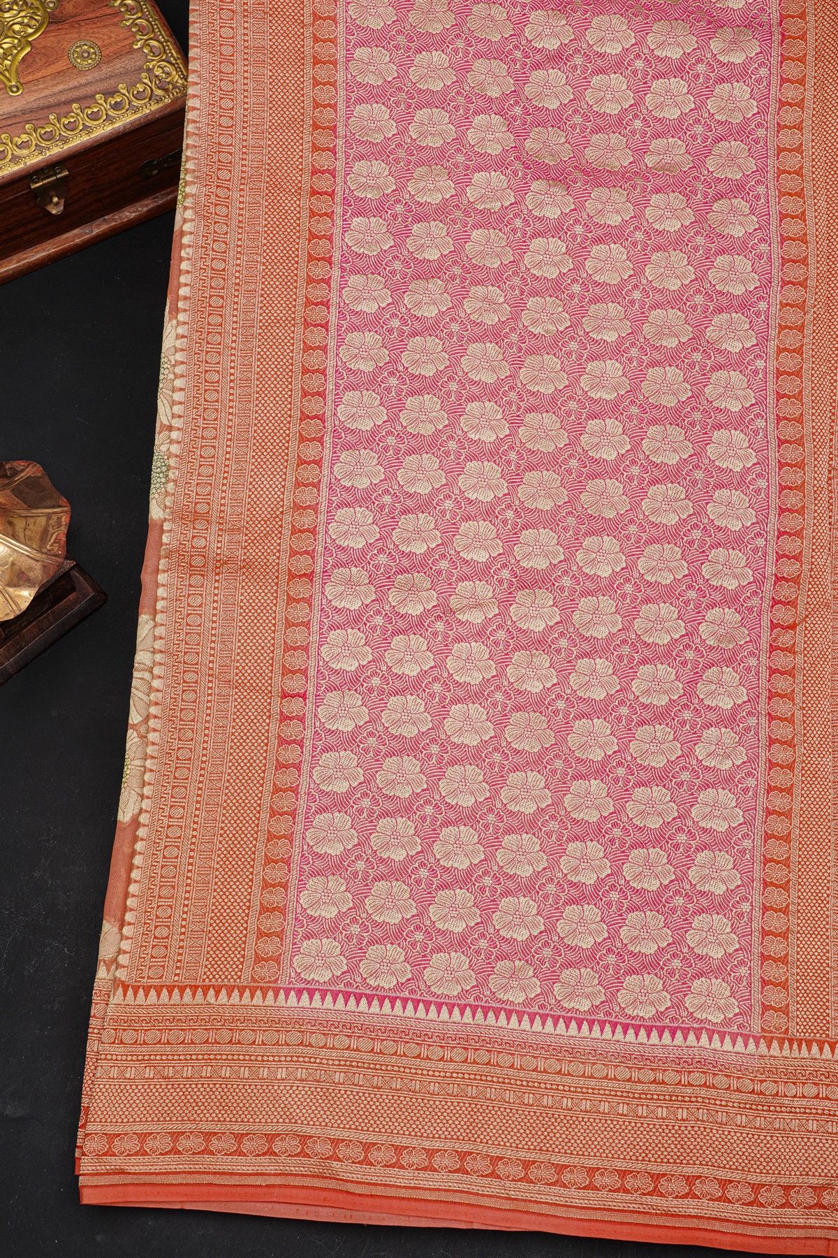 Fancy Georgette Peach Saree With Meenakari Floral Jaal Body And Self Diamonds In Zari And Florals Border