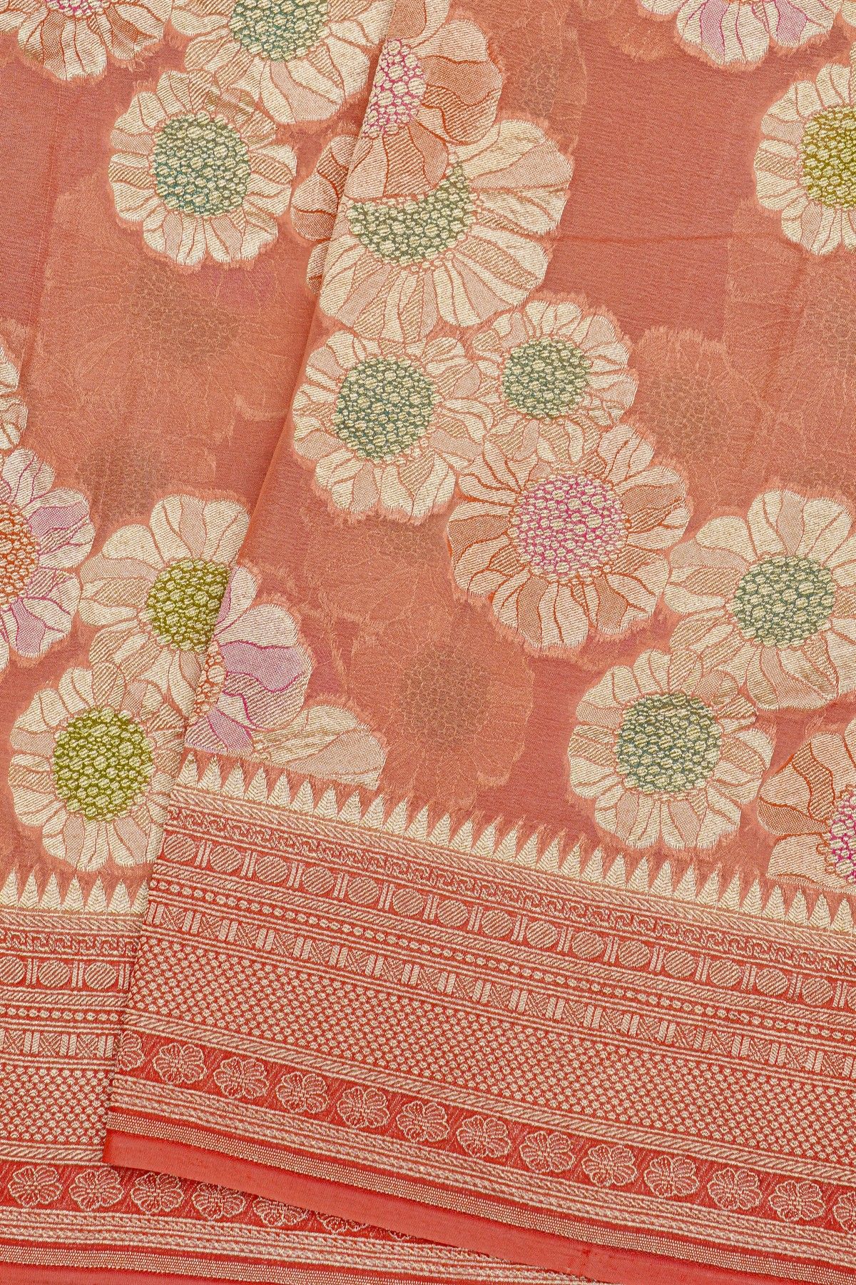 Fancy Georgette Peach Saree With Meenakari Floral Jaal Body And Self Diamonds In Zari And Florals Border