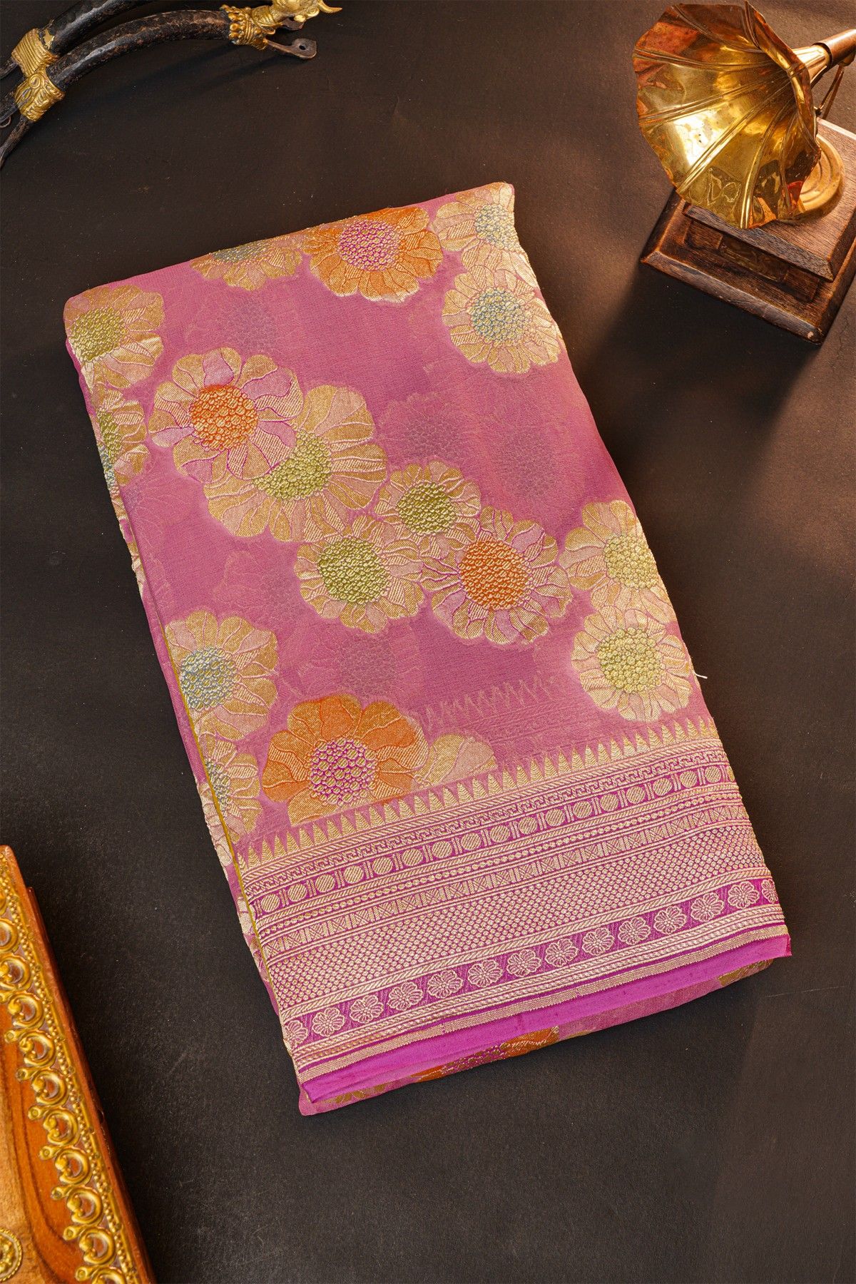 Fancy Georgette Pink Saree With Meenakari Floral Jaal Body And Self Diamonds In Zari And Florals Border