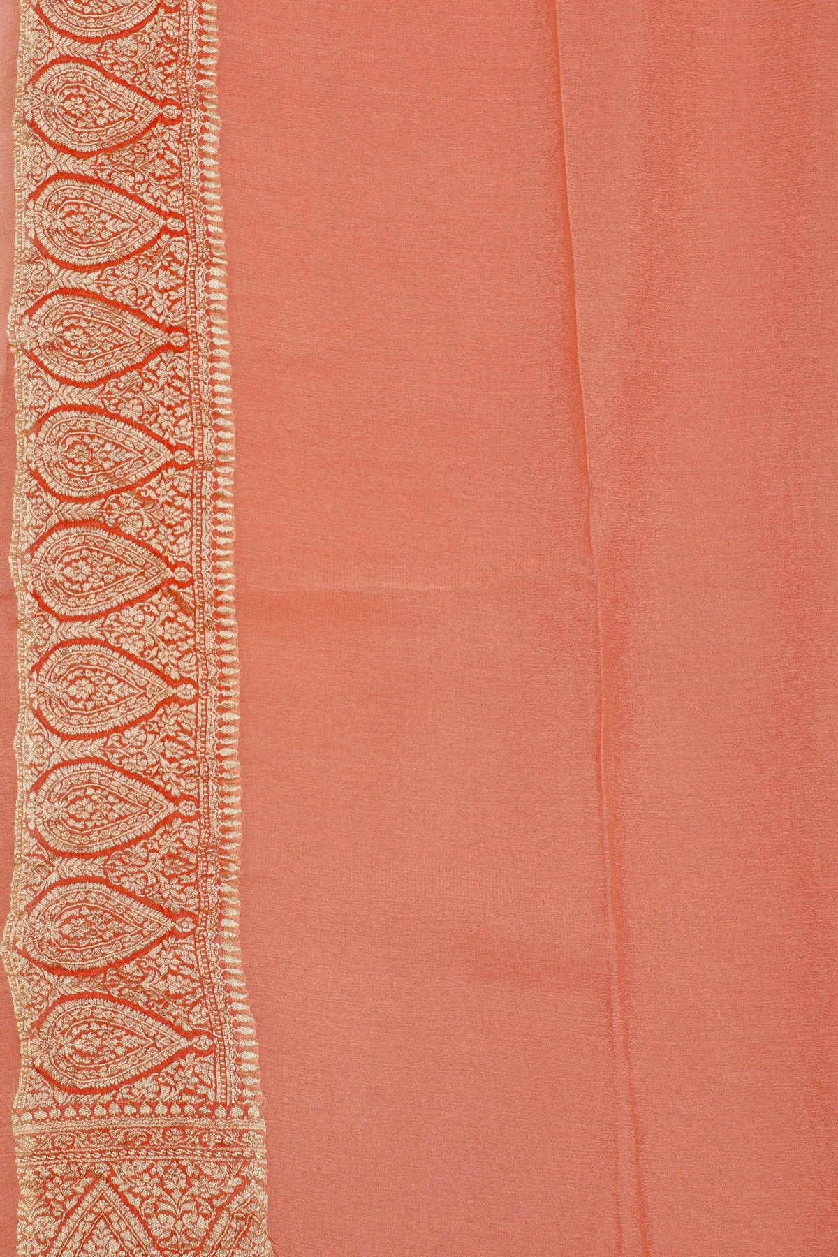 Fancy Georgette Peach Saree With Florals And Leaves Body And Self Florals And Leaves Border