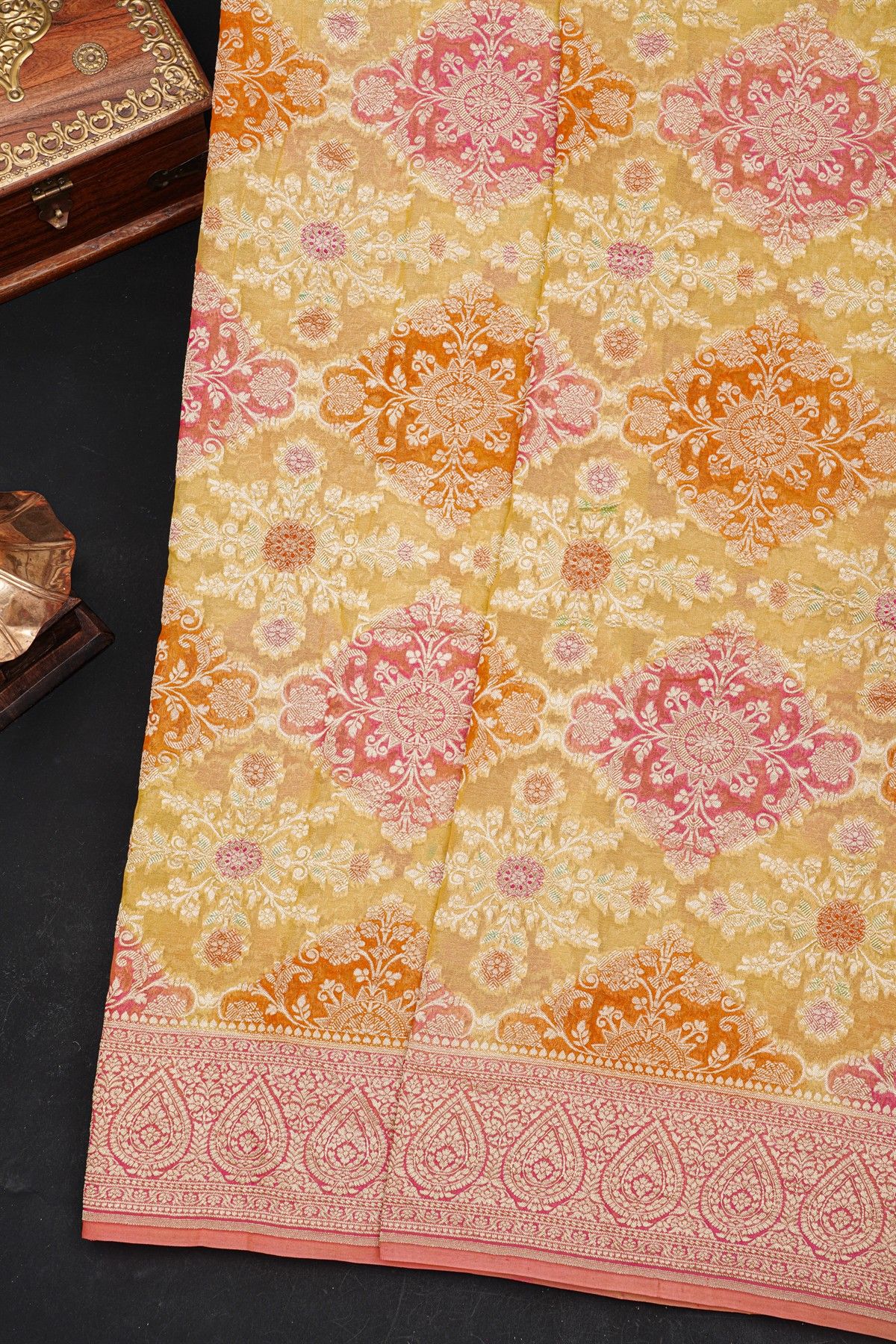 Fancy Georgette Mustard Saree With Florals And Leaves Body And Contrast Florals And Leaves Jaal Border