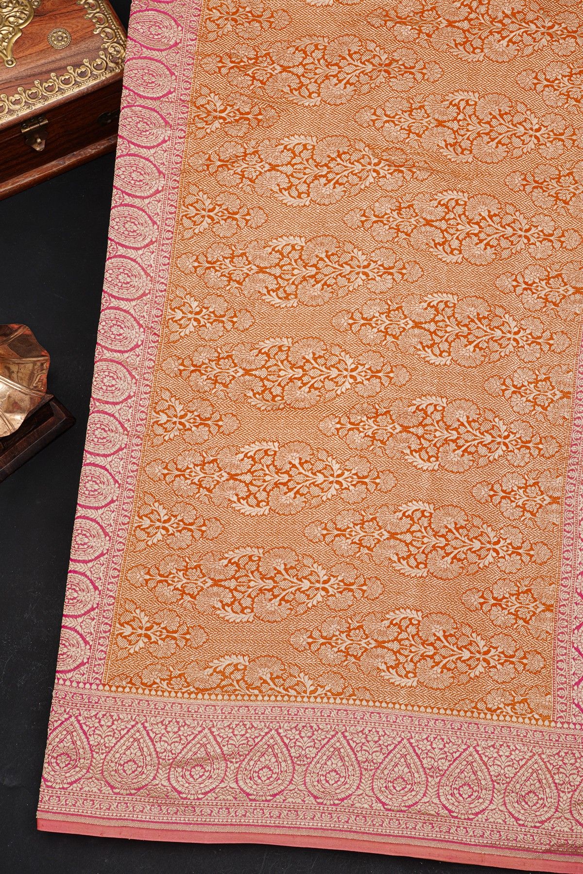 Fancy Georgette Mustard Saree With Florals And Leaves Body And Contrast Florals And Leaves Jaal Border