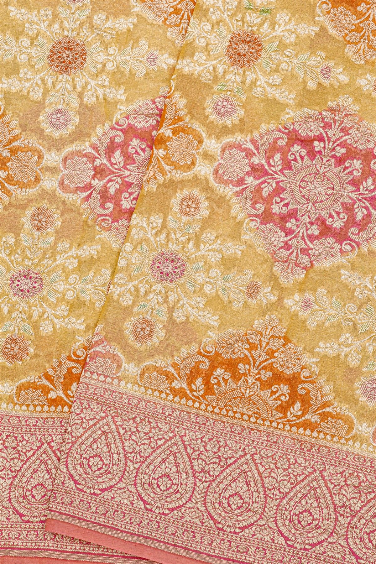 Fancy Georgette Mustard Saree With Florals And Leaves Body And Contrast Florals And Leaves Jaal Border