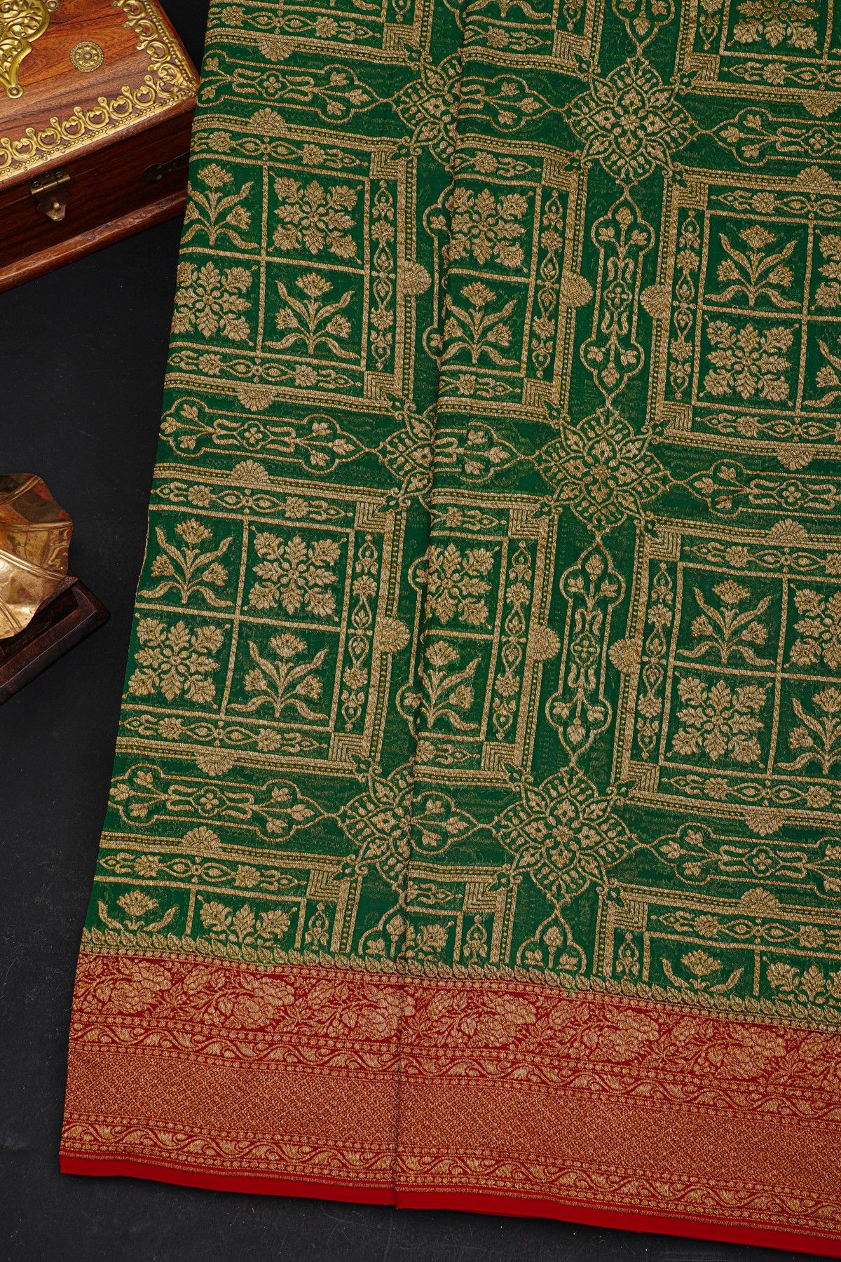 Fancy Georgette Bottle Green Saree With Florals And Leaves Body And Contrast Florals And Leaves Border