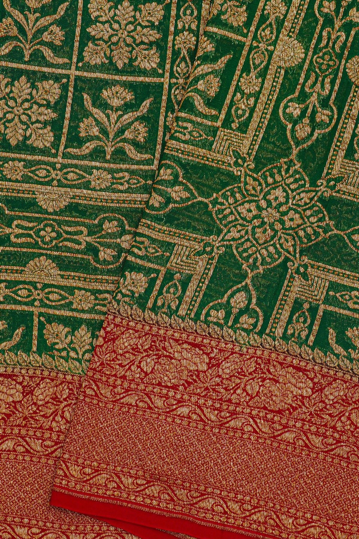Fancy Georgette Bottle Green Saree With Florals And Leaves Body And Contrast Florals And Leaves Border
