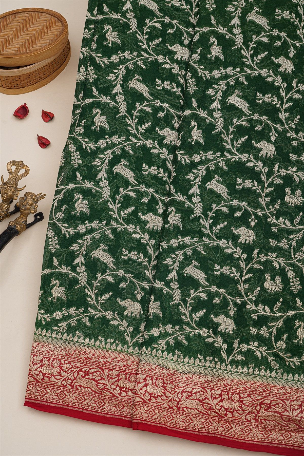 Banarasi Kaddi Georgette Bottle Green Saree With Florals And Animals Body