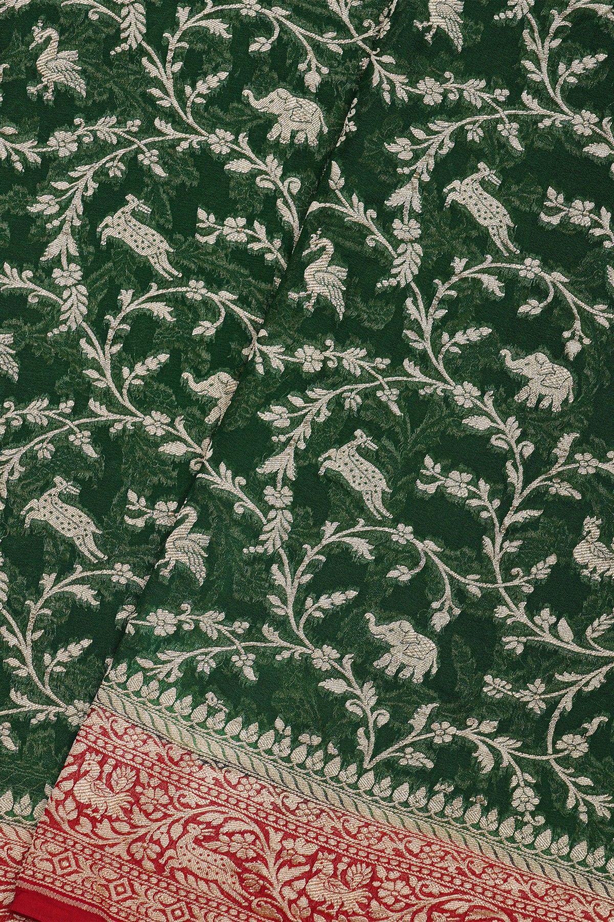 Banarasi Kaddi Georgette Bottle Green Saree With Florals And Animals Body