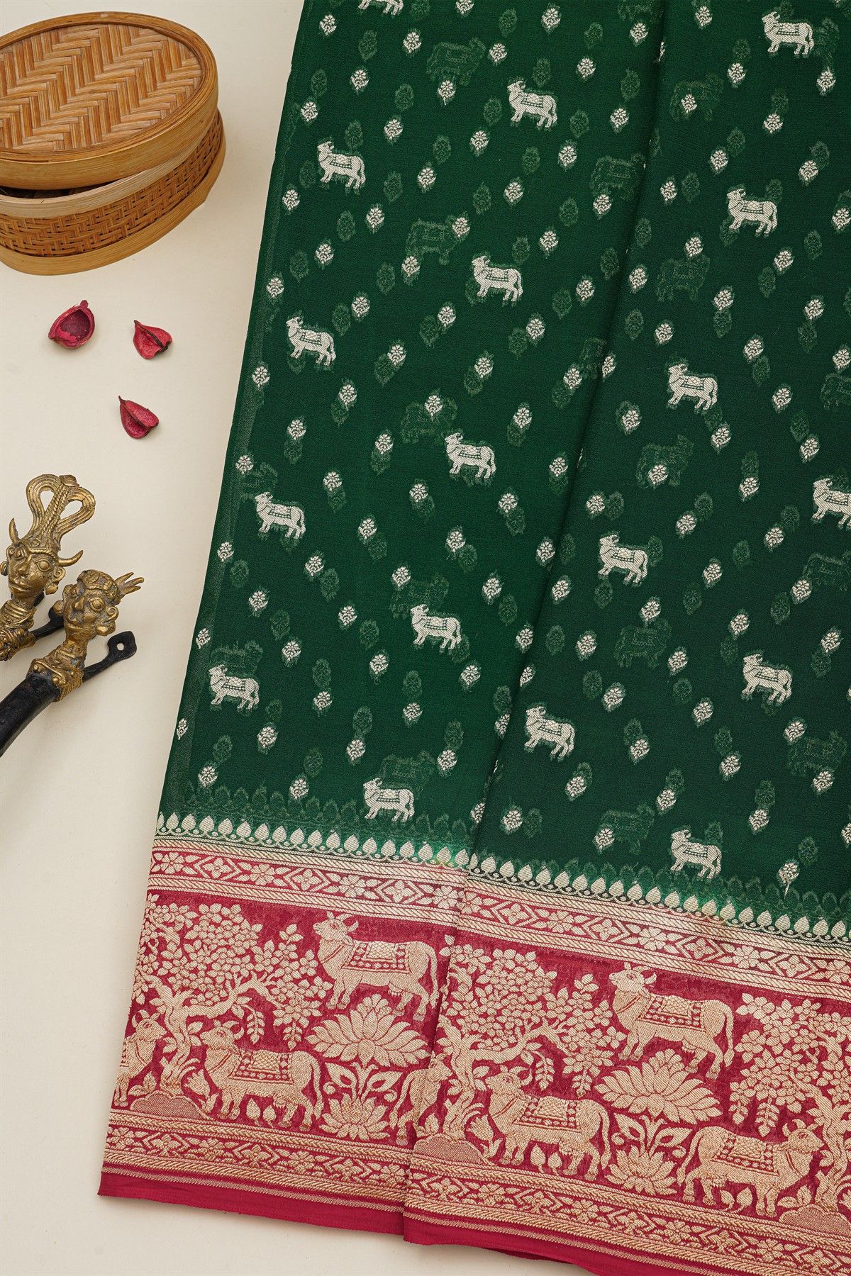 Banarasi Kaddi Georgette Bottle Green Saree With Florals And Pichwai Cows Body