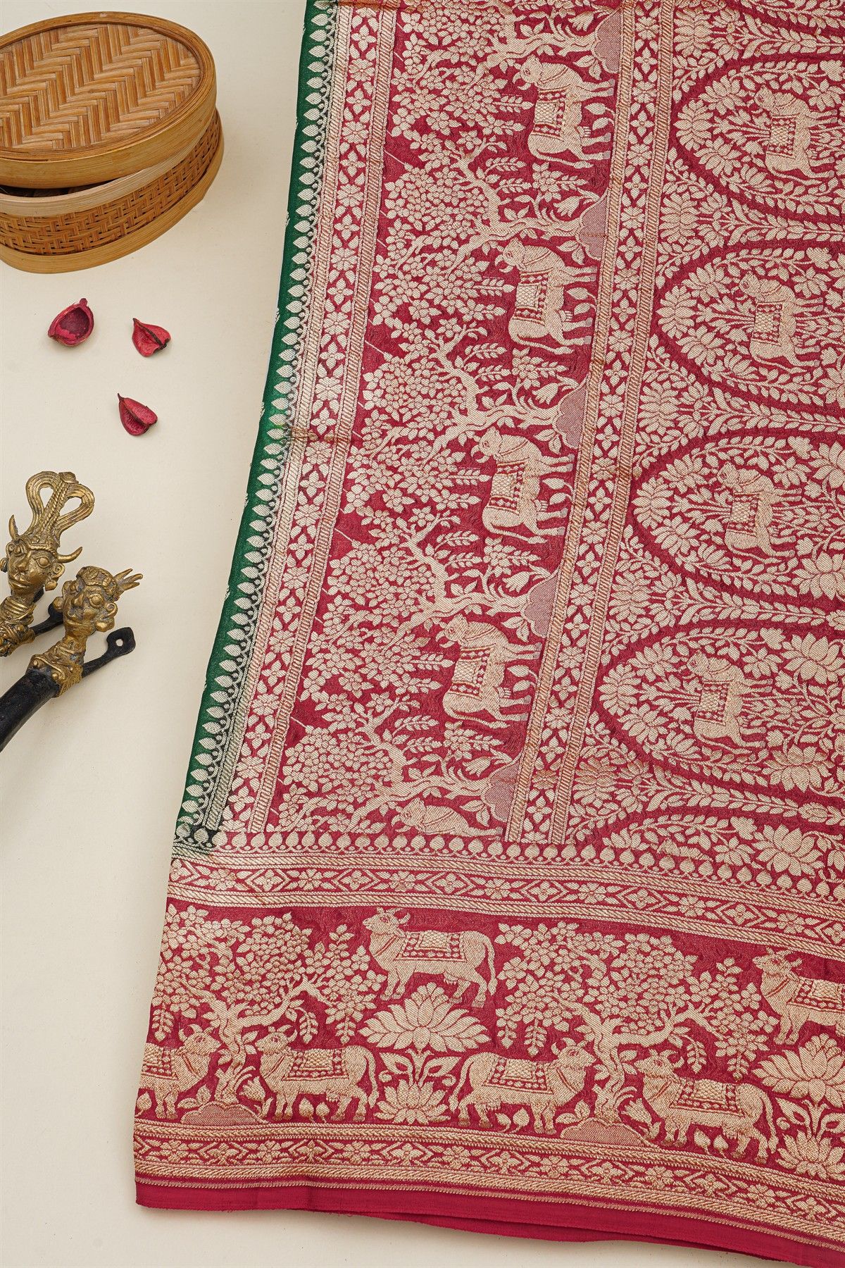 Banarasi Kaddi Georgette Bottle Green Saree With Florals And Pichwai Cows Body
