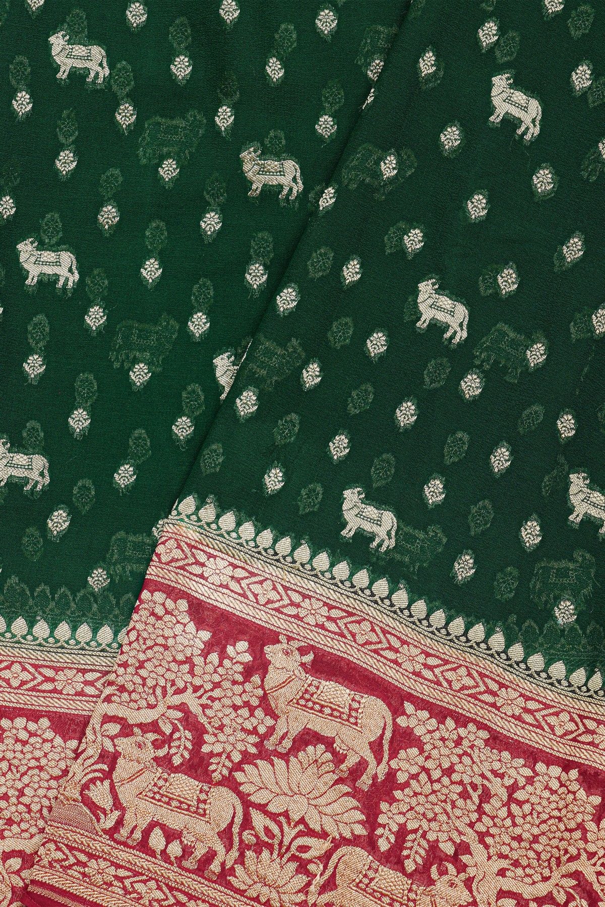 Banarasi Kaddi Georgette Bottle Green Saree With Florals And Pichwai Cows Body