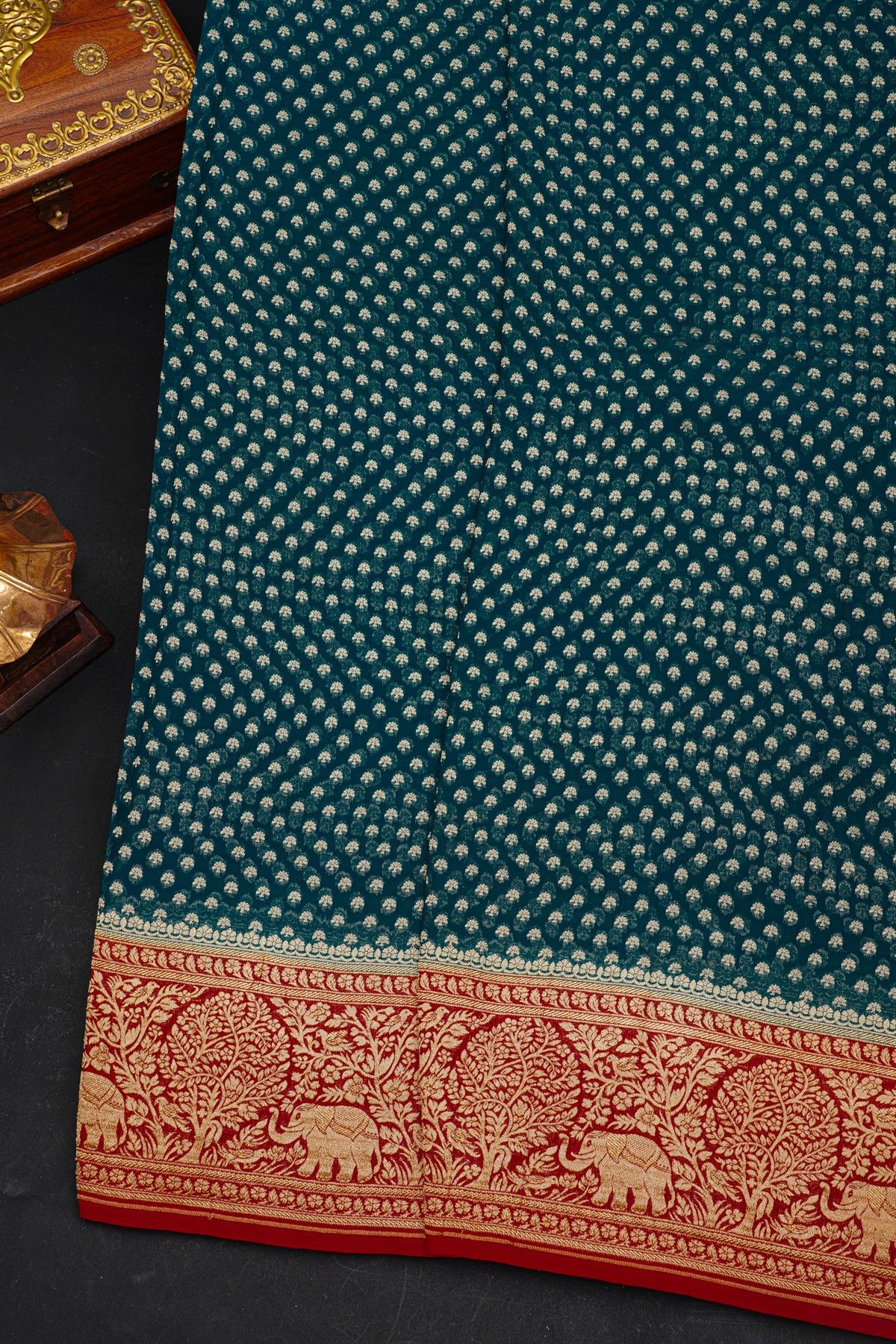 Banarasi Silk Teal Blue Saree With Zari Buttas Body And Contrast Florals And Leaves With Animals Border