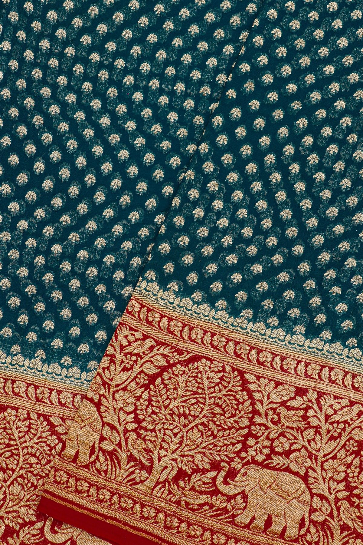 Banarasi Silk Teal Blue Saree With Zari Buttas Body And Contrast Florals And Leaves With Animals Border