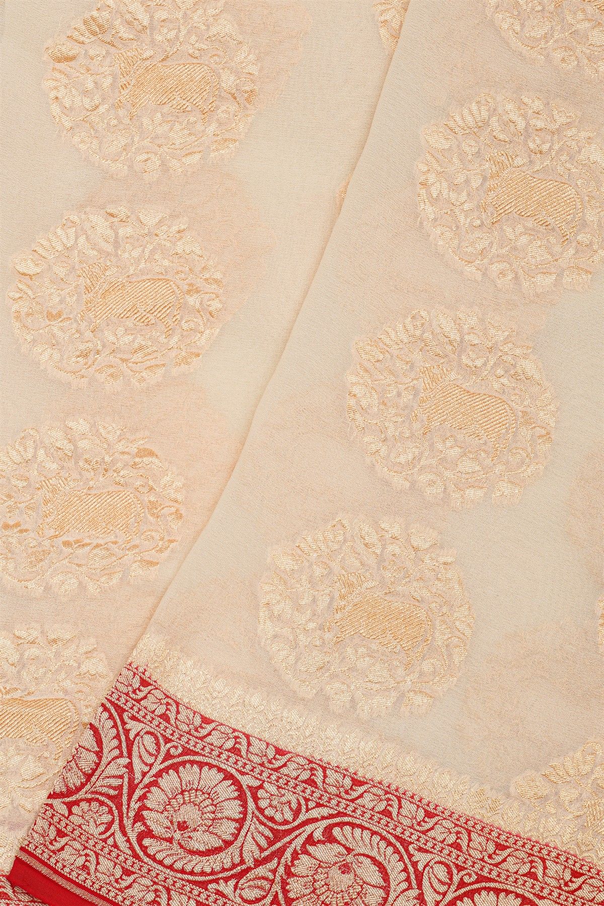 Banarasi Kaddi Georgette Off White Saree With Florals And Pichwai Cows Body