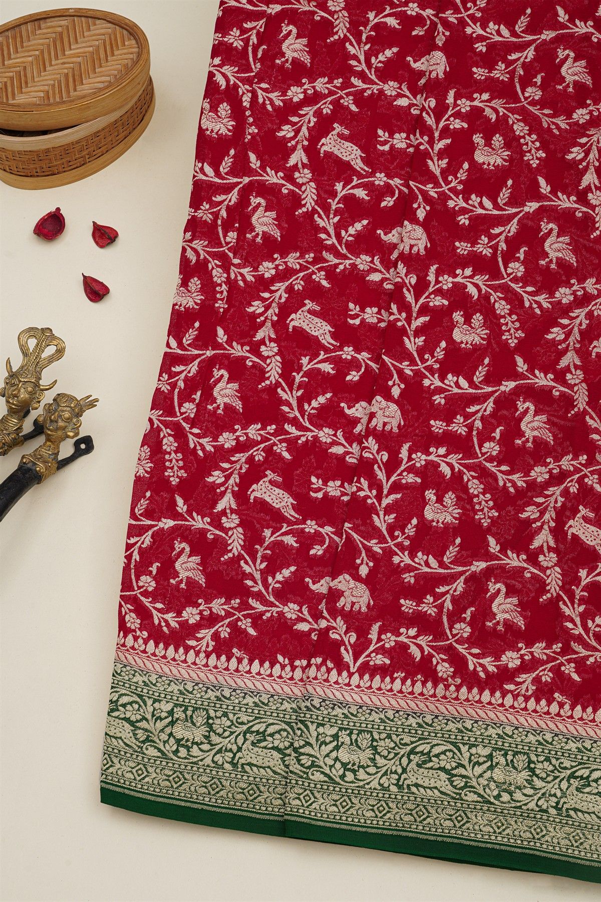 Banarasi Kaddi Georgette Red Saree With Florals And Animals Body