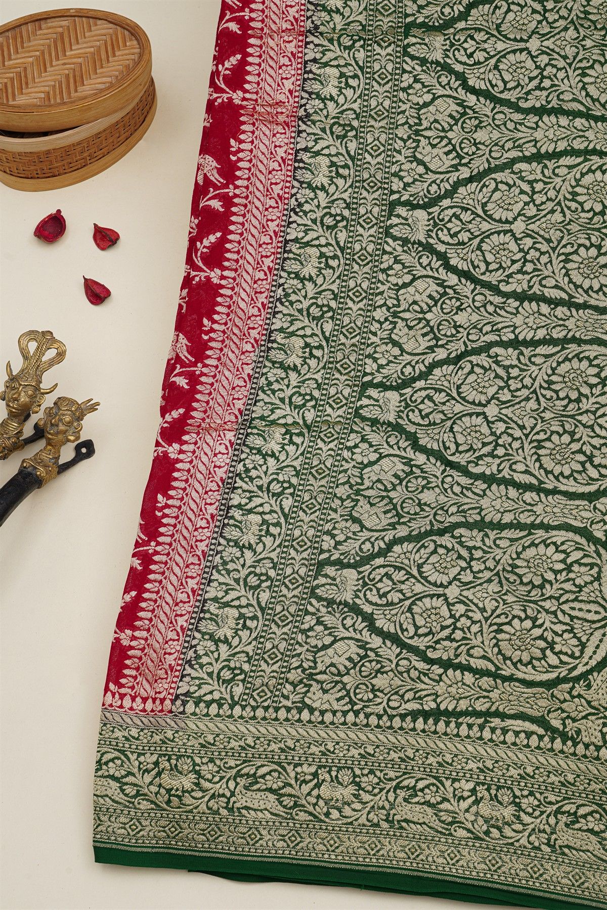 Banarasi Kaddi Georgette Red Saree With Florals And Animals Body