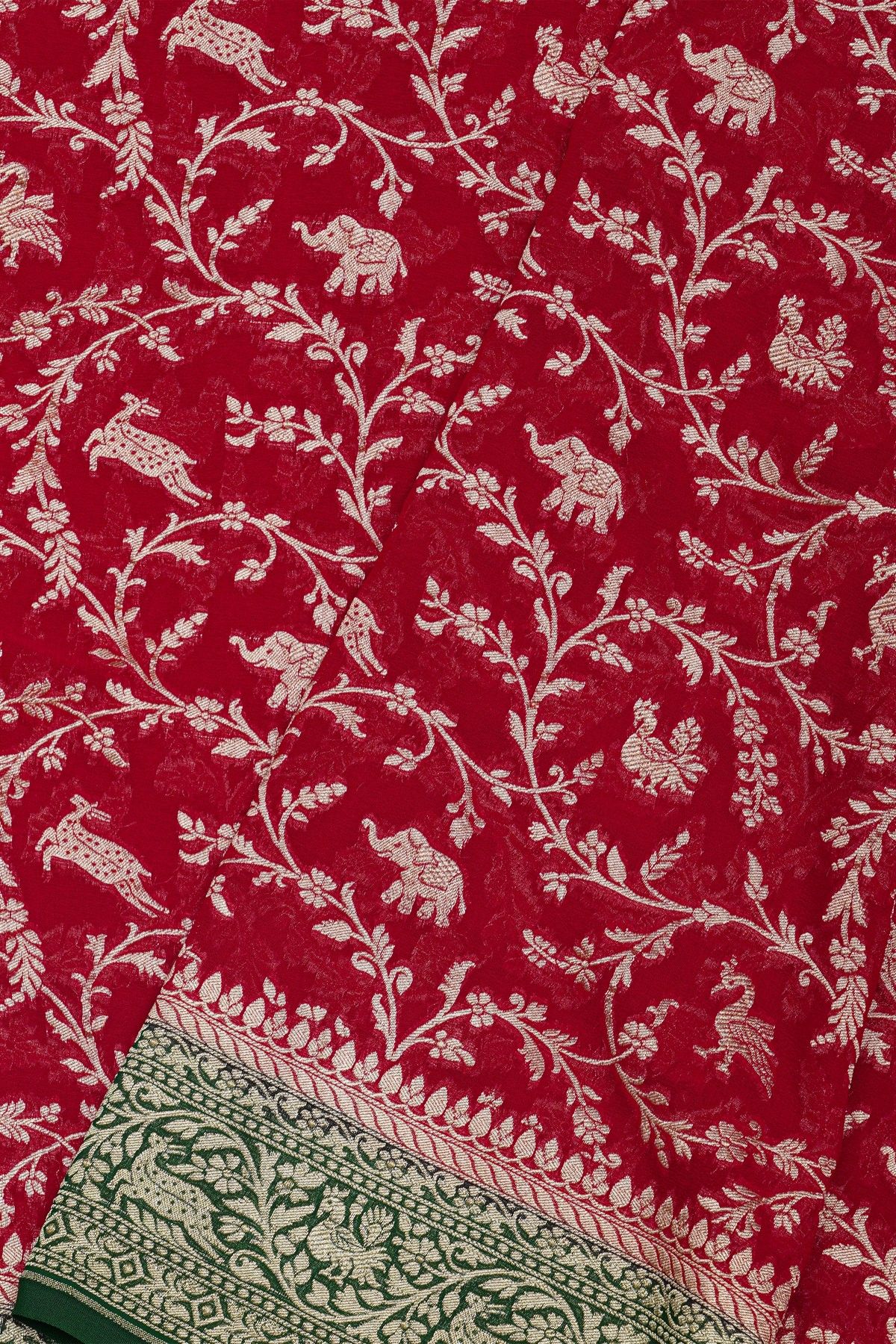 Banarasi Kaddi Georgette Red Saree With Florals And Animals Body