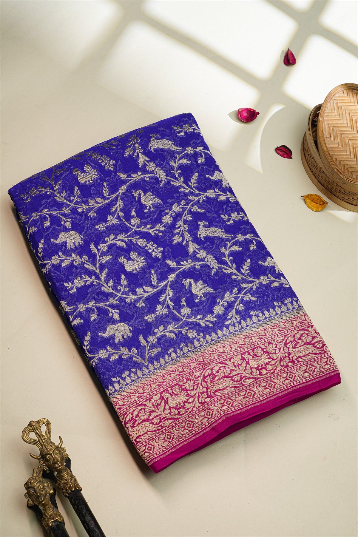 Banarasi Kaddi Georgette Royal Blue Saree With Florals And Animals Body