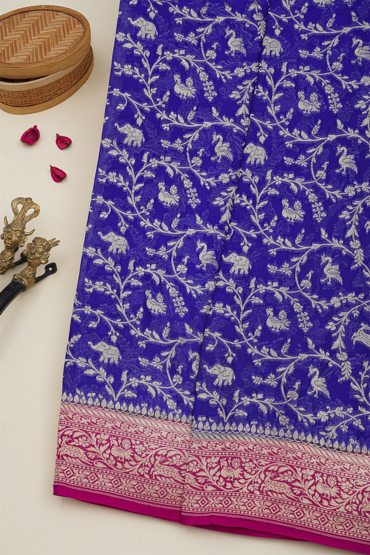 Banarasi Kaddi Georgette Royal Blue Saree With Florals And Animals Body