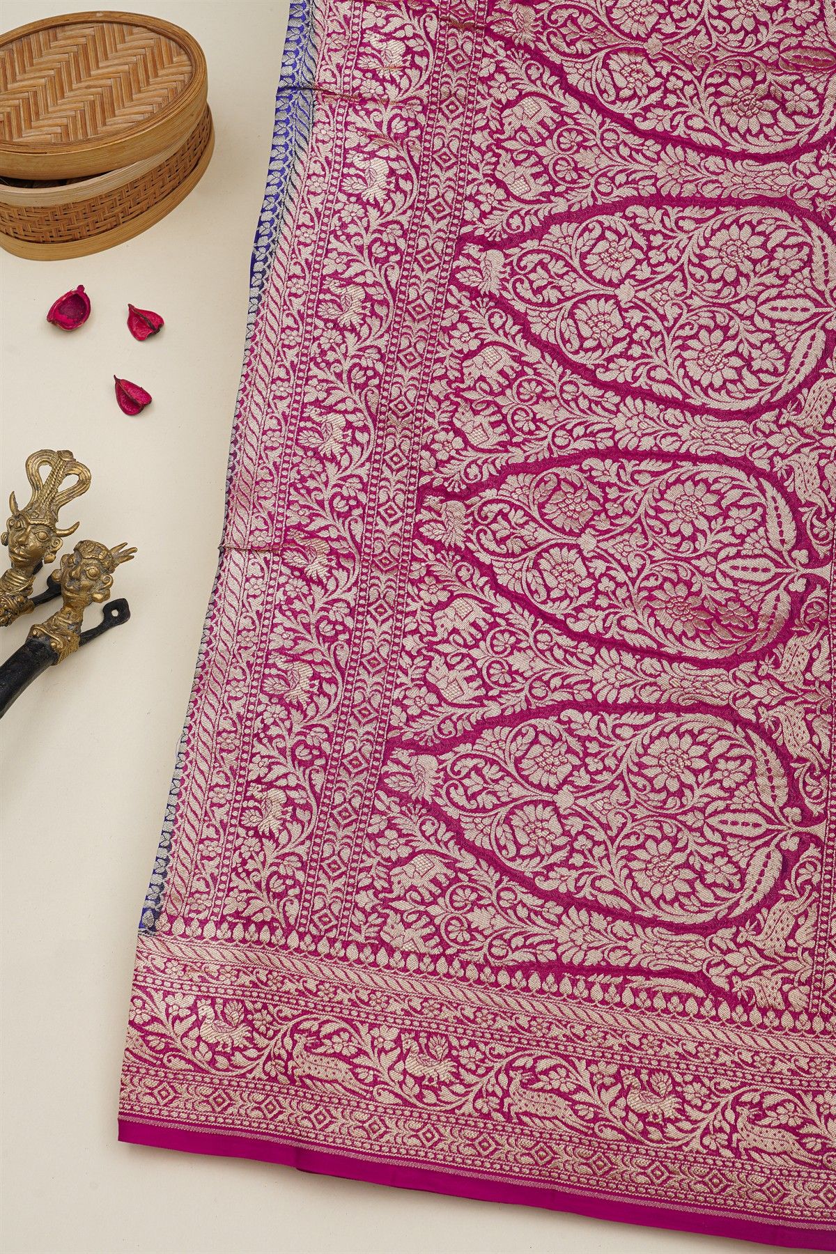 Banarasi Kaddi Georgette Royal Blue Saree With Florals And Animals Body