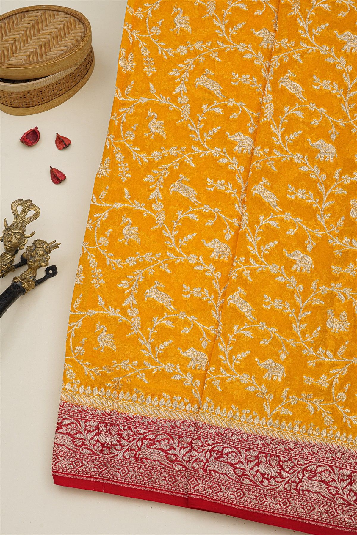 Banarasi Kaddi Georgette Yellow Saree With Florals And Animals Body
