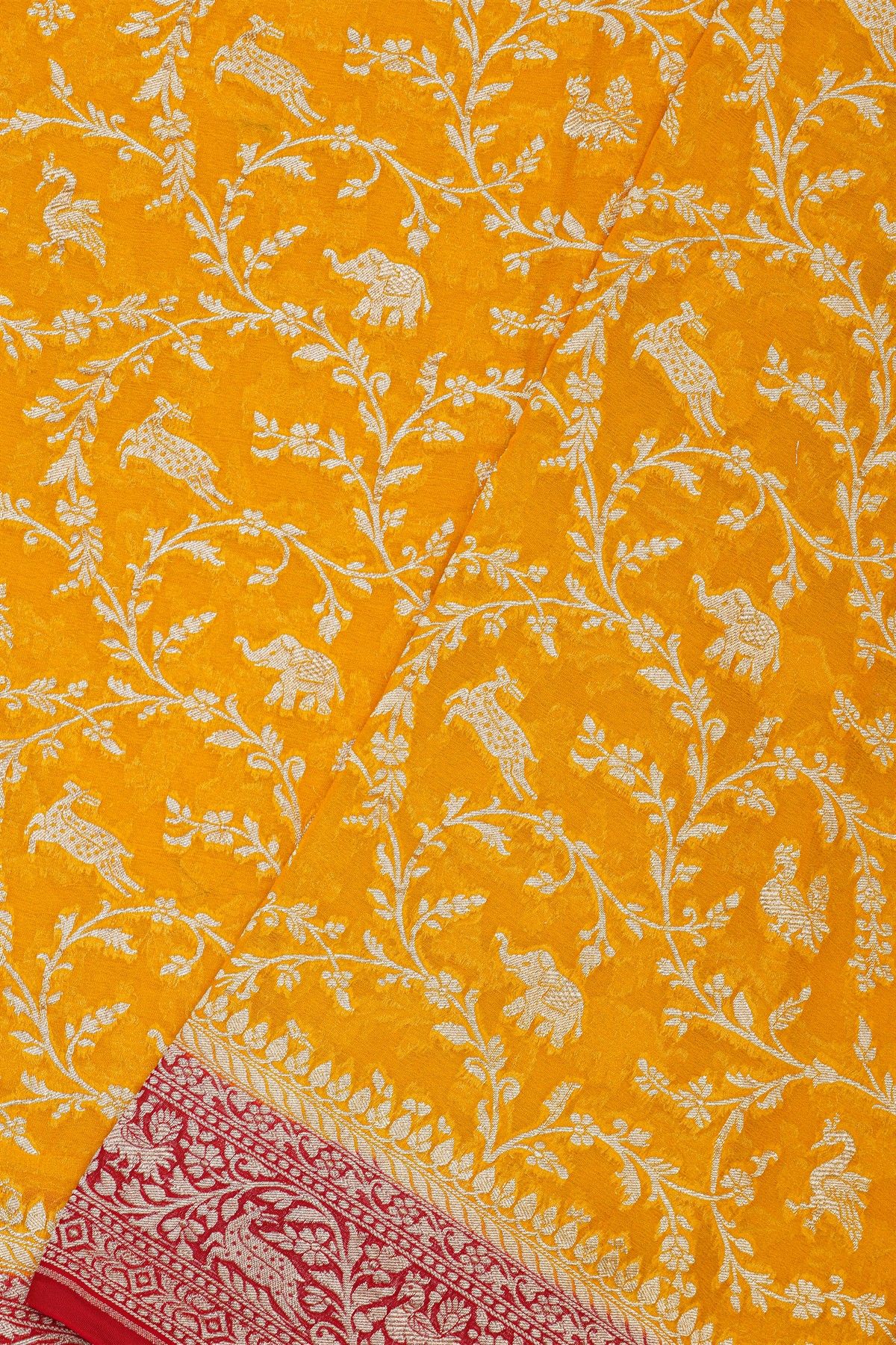 Banarasi Kaddi Georgette Yellow Saree With Florals And Animals Body