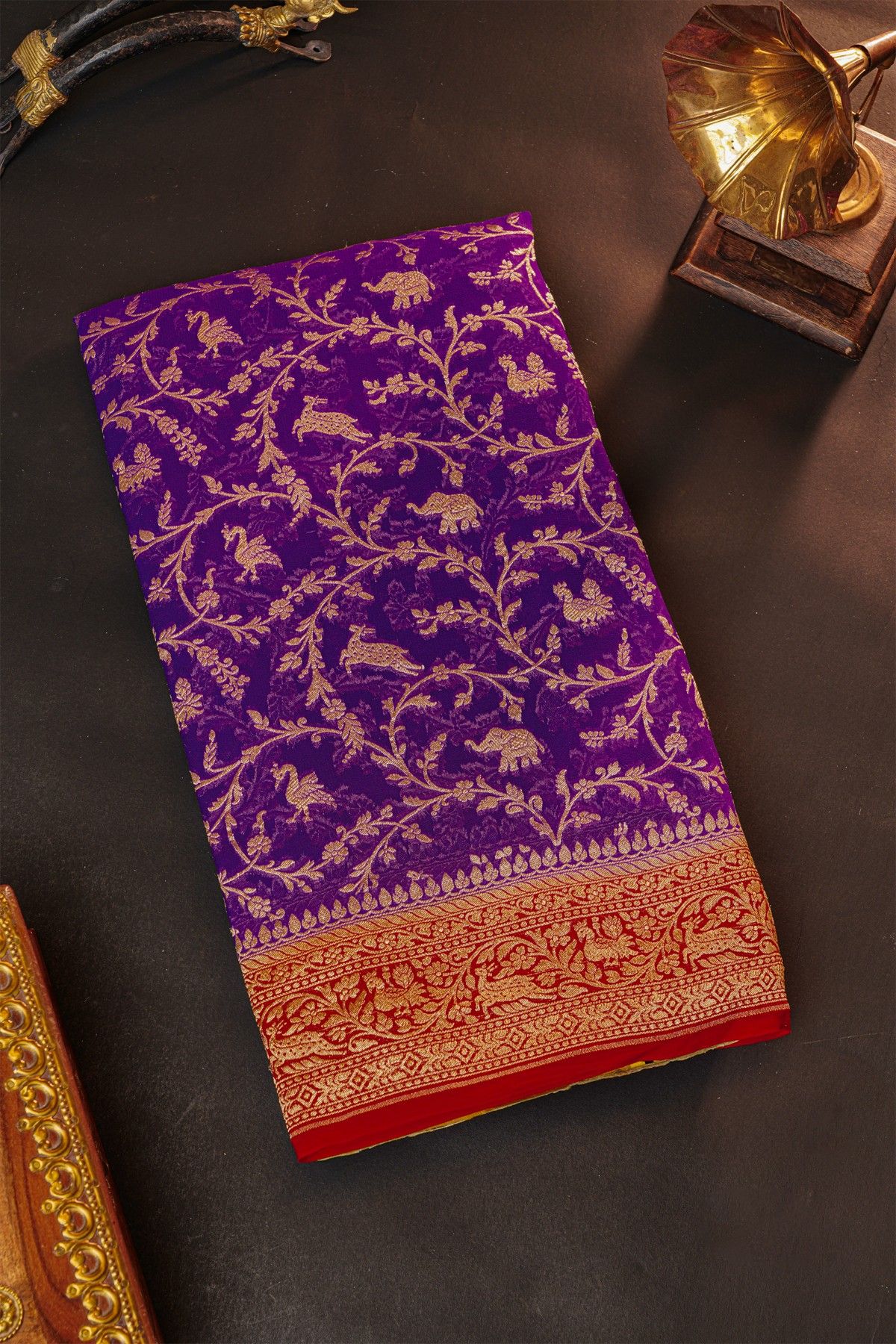 Banarasi Silk Purple Saree With Florals And Leaves Jaal With Animals Body And Contrast Florals And Leaves Jaal Border