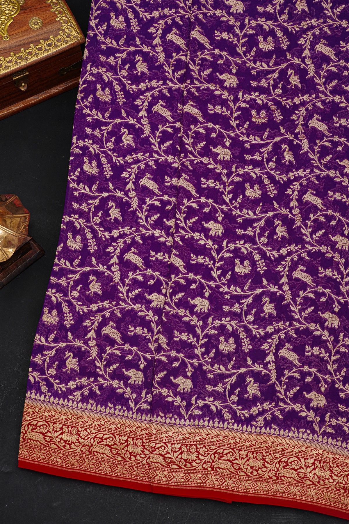 Banarasi Silk Purple Saree With Florals And Leaves Jaal With Animals Body And Contrast Florals And Leaves Jaal Border