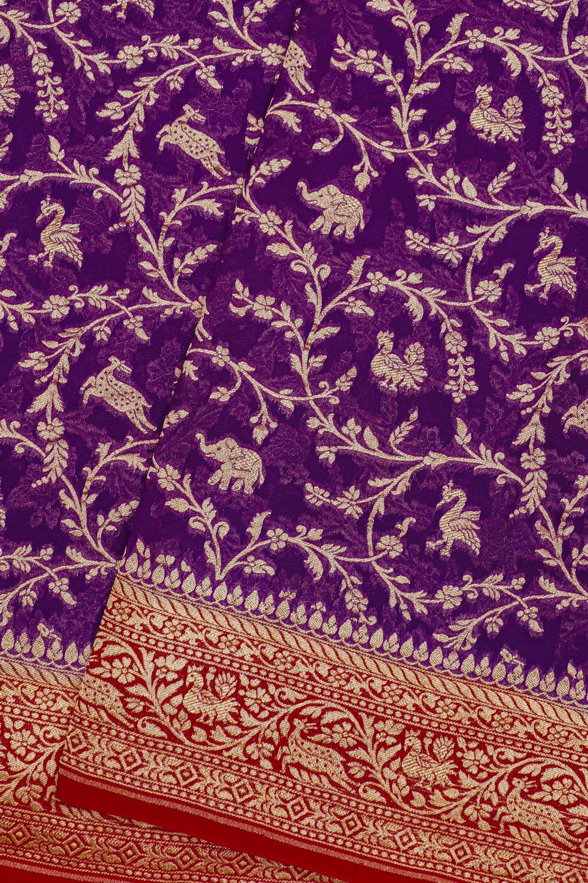 Banarasi Silk Purple Saree With Florals And Leaves Jaal With Animals Body And Contrast Florals And Leaves Jaal Border