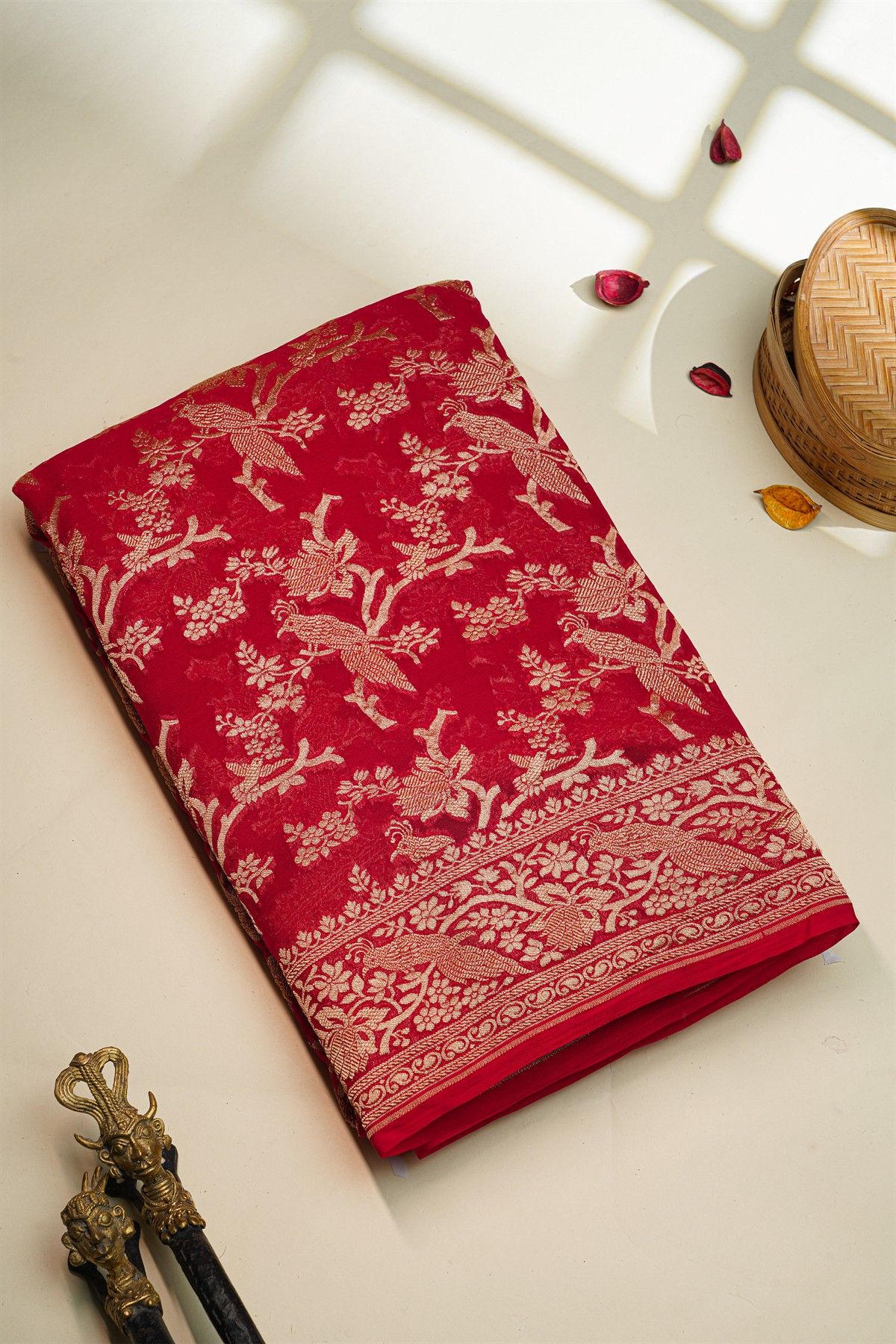 Banarasi Kaddi Georgette Red Saree With Florals And Animals Body