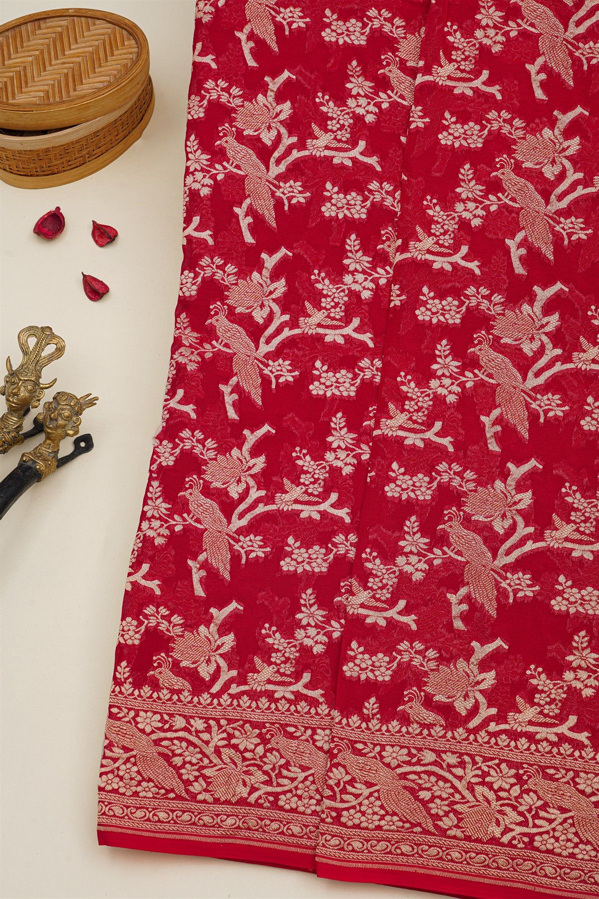 Banarasi Kaddi Georgette Red Saree With Florals And Animals Body