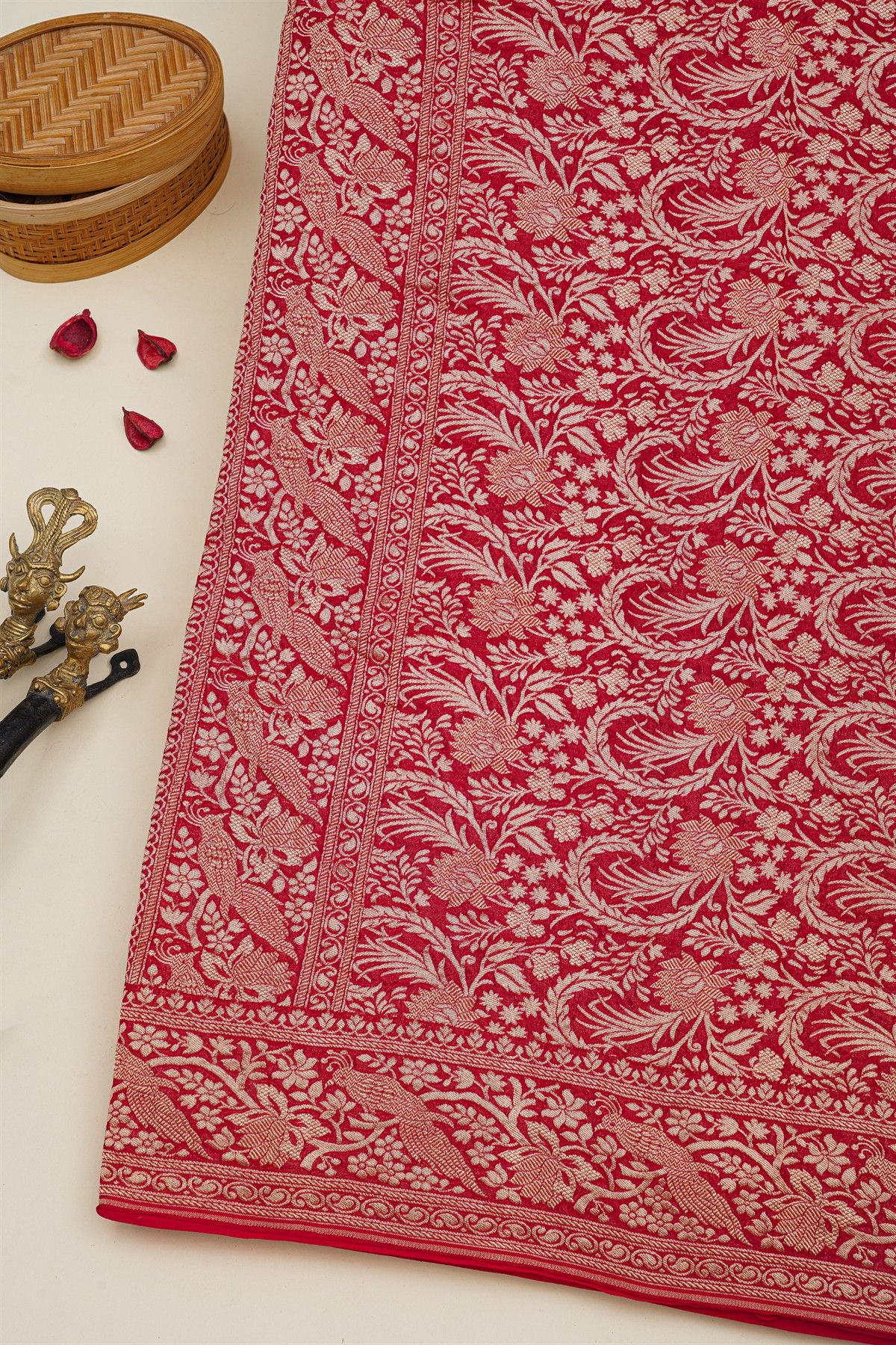 Banarasi Kaddi Georgette Red Saree With Florals And Animals Body
