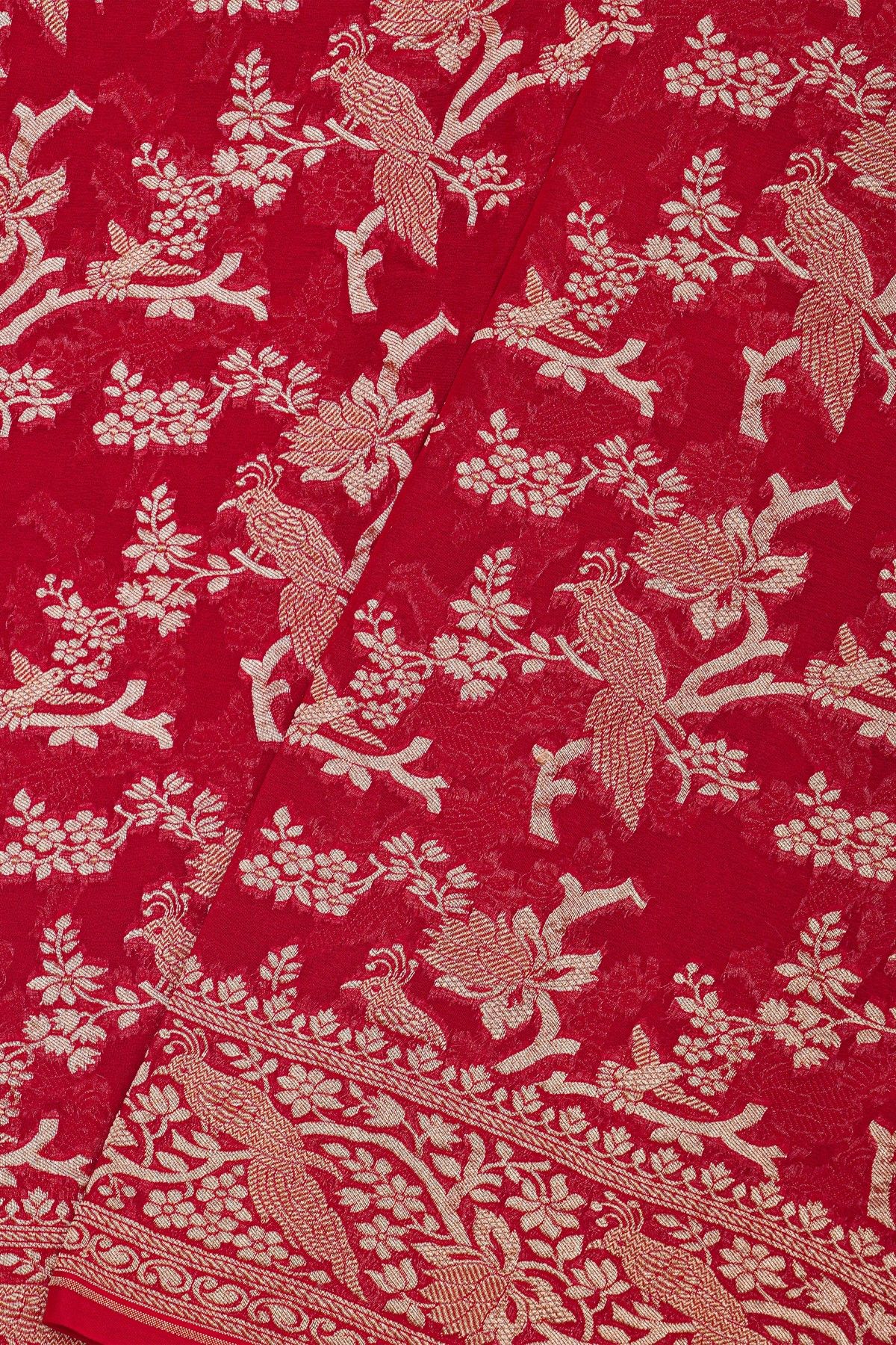 Banarasi Kaddi Georgette Red Saree With Florals And Animals Body