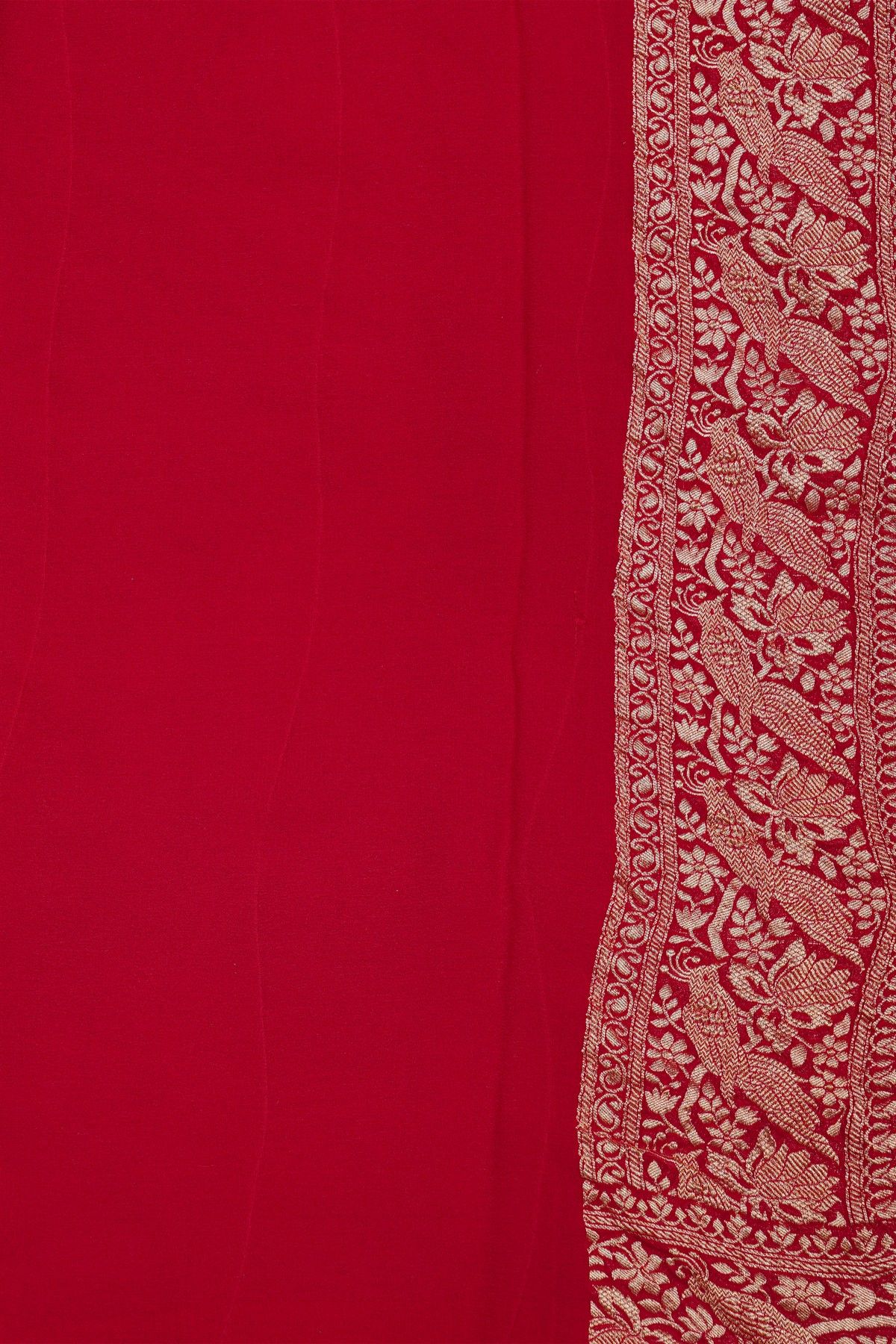 Banarasi Kaddi Georgette Red Saree With Florals And Animals Body