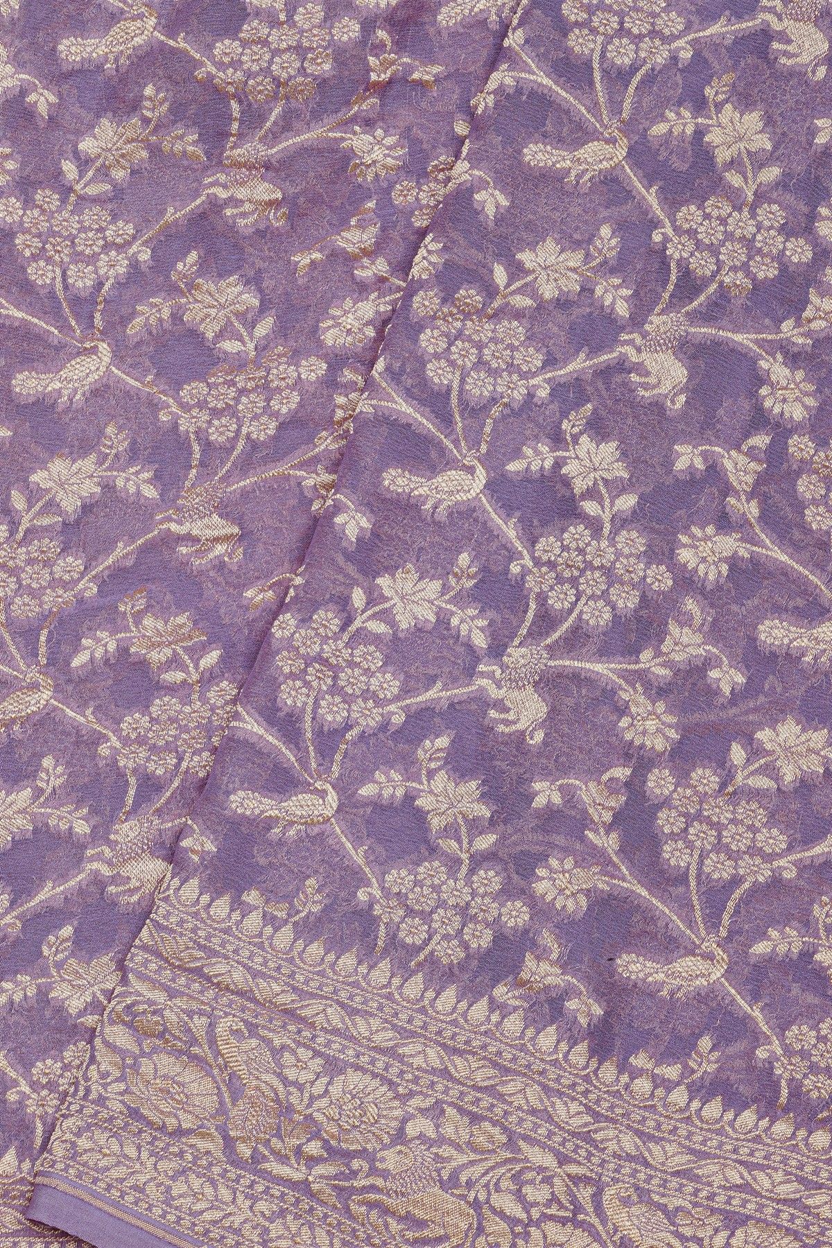 Banarasi Kaddi Georgette Lilac Saree With Florals And Animals Body