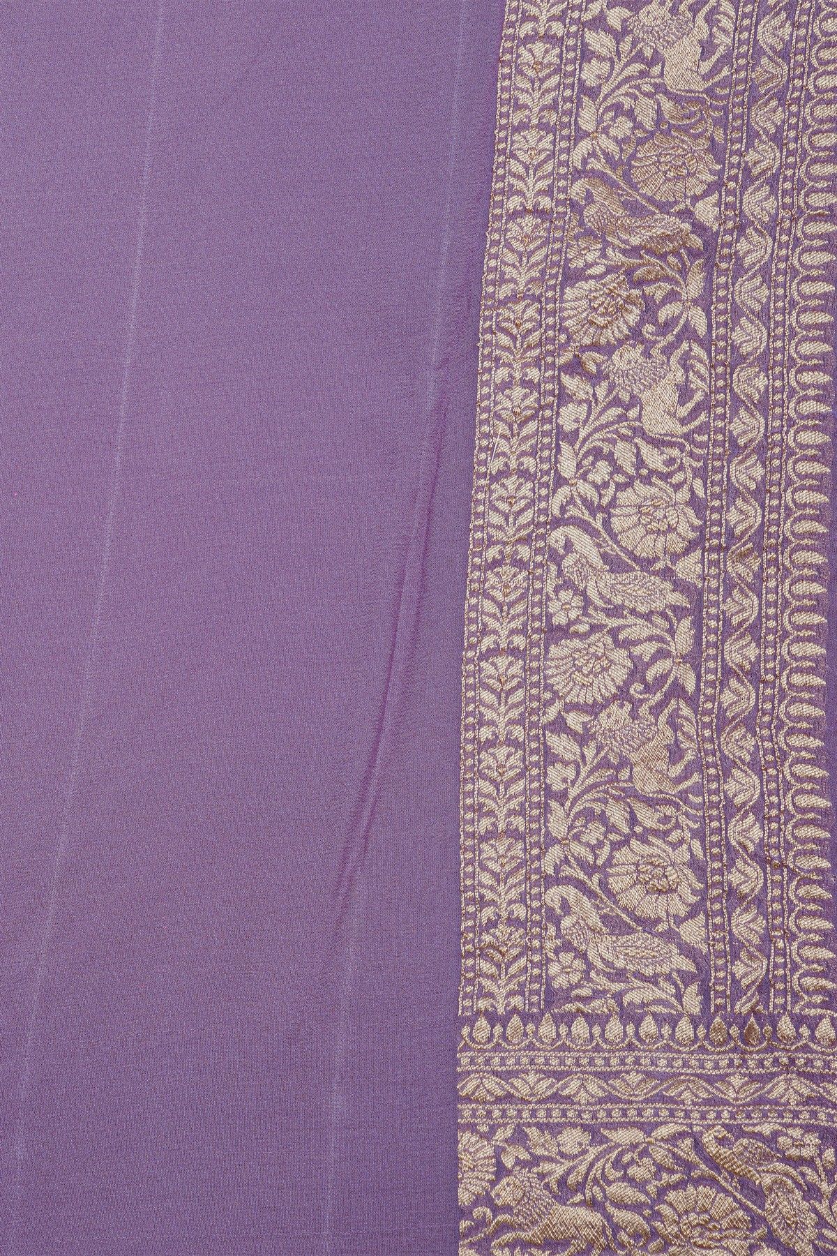 Banarasi Kaddi Georgette Lilac Saree With Florals And Animals Body